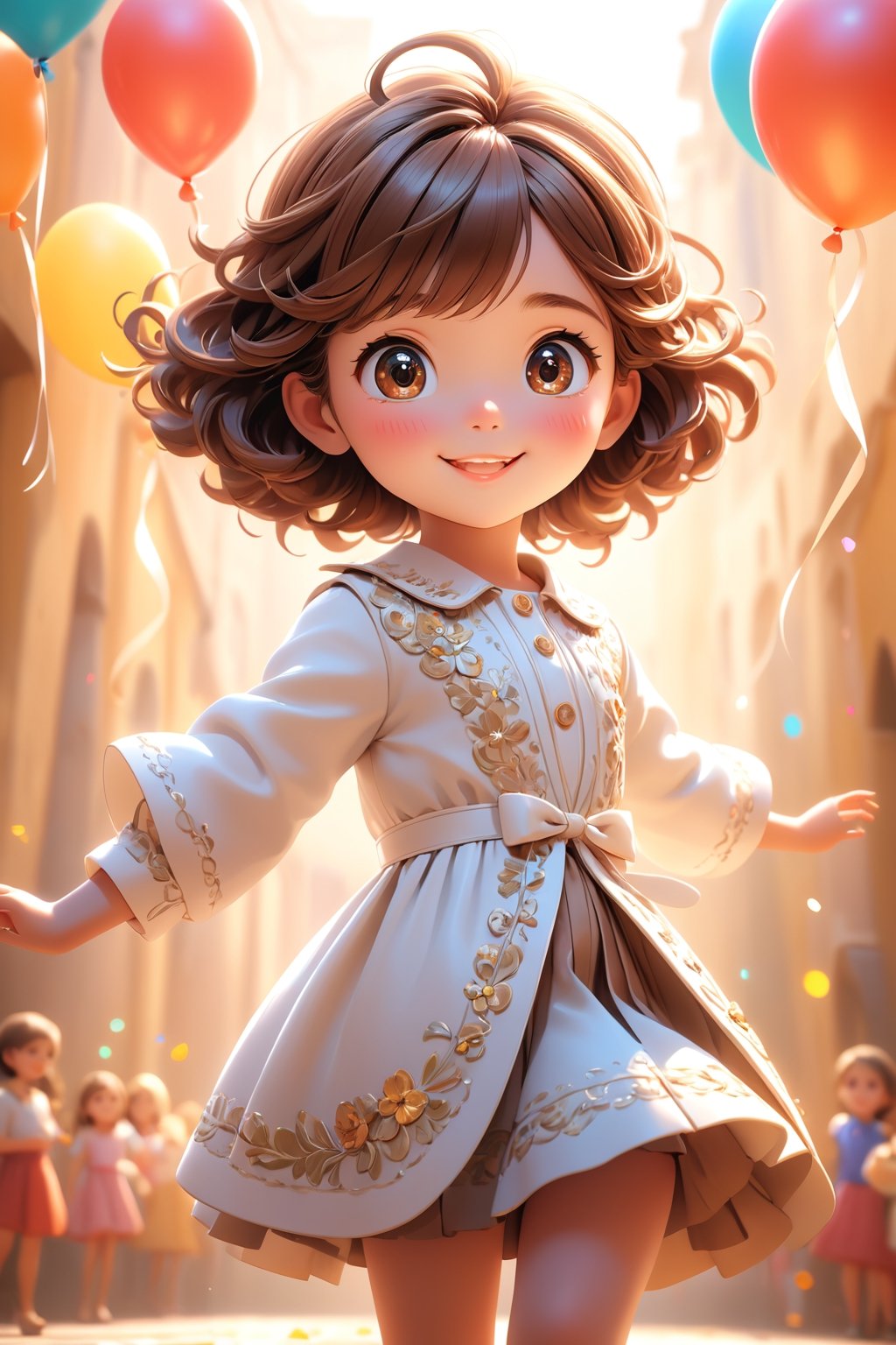 best quality, masterpiece, beautiful and aesthetic, vibrant color, Exquisite details and textures,  Warm tone, ultra realistic illustration,	(cute Latino girl, 9year old:1.5),	(birthday party theme:1.4),	cute eyes, big eyes,	(a beautiful smile:1.1),	cinematic lighting, ambient lighting, sidelighting, cinematic shot,	siena natural ratio, children's body, anime style, 	Full length view,	Short Wave brown hair,	wearing white over velvet coat,	ultra hd, realistic, vivid colors, highly detailed, UHD drawing, perfect composition, beautiful detailed intricate insanely detailed octane render trending on artstation, 8k artistic photography, photorealistic concept art, soft natural volumetric cinematic perfect light. 