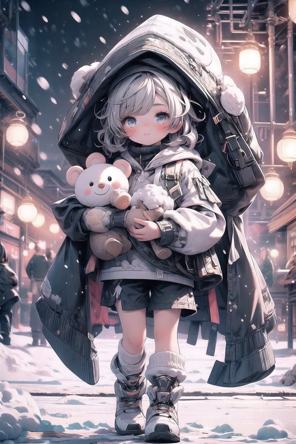 best quality, masterpiece, beautiful and aesthetic, vibrant color, Exquisite details and textures,  Warm tone, ultra realistic illustration,	(cute Latino girl, 9year old:1.5),	(snow theme:1.4),	cute eyes, big eyes,	(a model look:1.1),	16K, (HDR:1.4), high contrast, bokeh:1.2, lens flare,	siena natural ratio, children's body, anime style, 	half body view,	long Wave dark gray hair, 	wearing a hoodie, holding a bear doll, shorts, turtleneck,	ultra hd, realistic, vivid colors, highly detailed, UHD drawing, perfect composition, beautiful detailed intricate insanely detailed octane render trending on artstation, 8k artistic photography, photorealistic concept art, soft natural volumetric cinematic perfect light. 