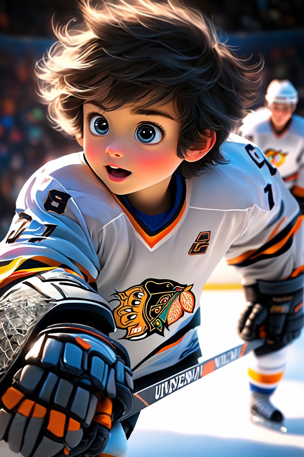 best quality, masterpiece, beautiful and aesthetic, vibrant color, Exquisite details and textures,  Warm tone, ultra realistic illustration,	(cute European Boy, 7year old:1.5),	(Ice Hockey theme:1.2),	cute eyes, big eyes,	(a gentle smile:1.1),	cinematic lighting, ambient lighting, sidelighting, cinematic shot,	siena natural ratio, children's body, anime style, 	Waist-up Side-view,	short black hair,	a white ice hockey costume,	ultra hd, realistic, vivid colors, highly detailed, UHD drawing, perfect composition, beautiful detailed intricate insanely detailed octane render trending on artstation, 8k artistic photography, photorealistic concept art, soft natural volumetric cinematic perfect light. 