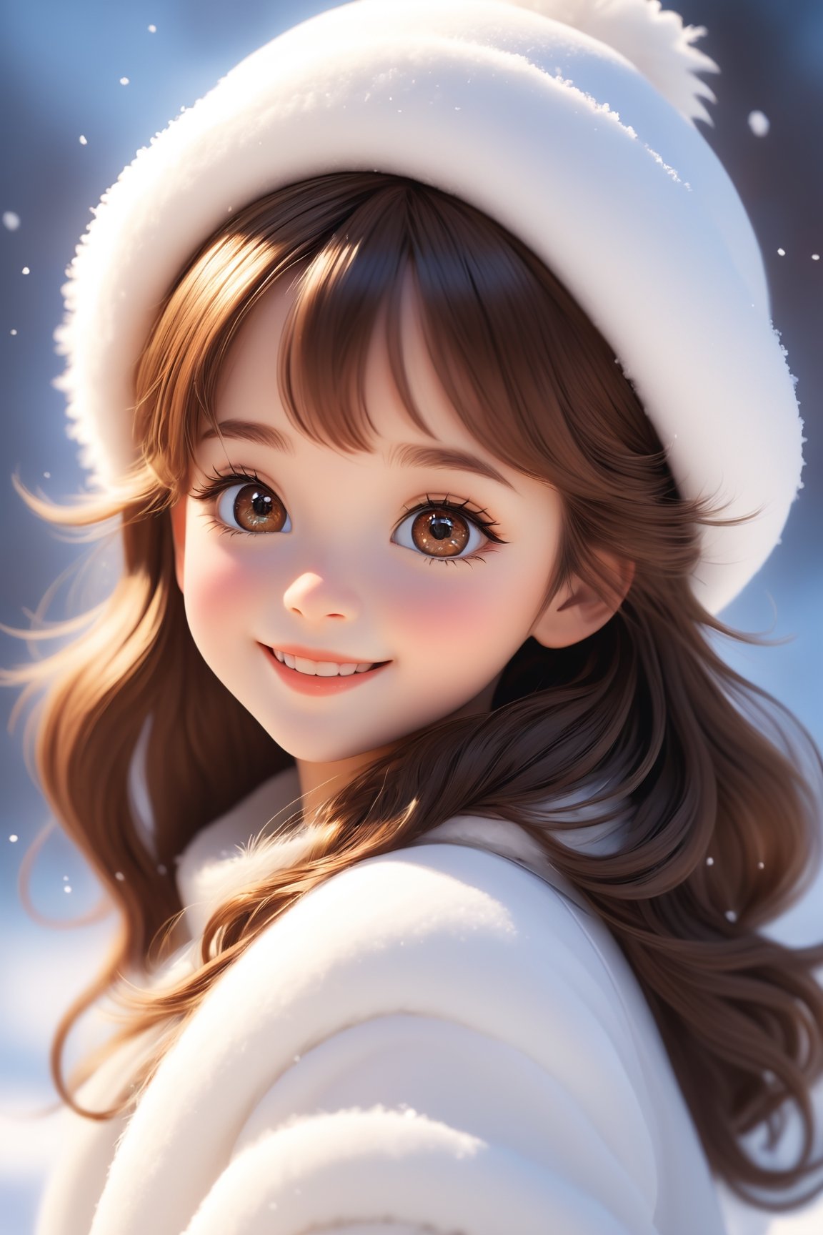 best quality, masterpiece, beautiful and aesthetic, vibrant color, Exquisite details and textures,  Warm tone, ultra realistic illustration,	(cute Nordic girl, 7year old:1.5),	(snow theme:1.4),	cute eyes, big eyes,	(a beautiful smile:1.3),	16K, (HDR:1.4), high contrast, bokeh:1.2, lens flare,	siena natural ratio, children's body, anime style, 	half body view,	long Wave dark brown hair,	a wearing a beautiful white outfit and furry white hat,	ultra hd, realistic, vivid colors, highly detailed, UHD drawing, perfect composition, beautiful detailed intricate insanely detailed octane render trending on artstation, 8k artistic photography, photorealistic concept art, soft natural volumetric cinematic perfect light. 