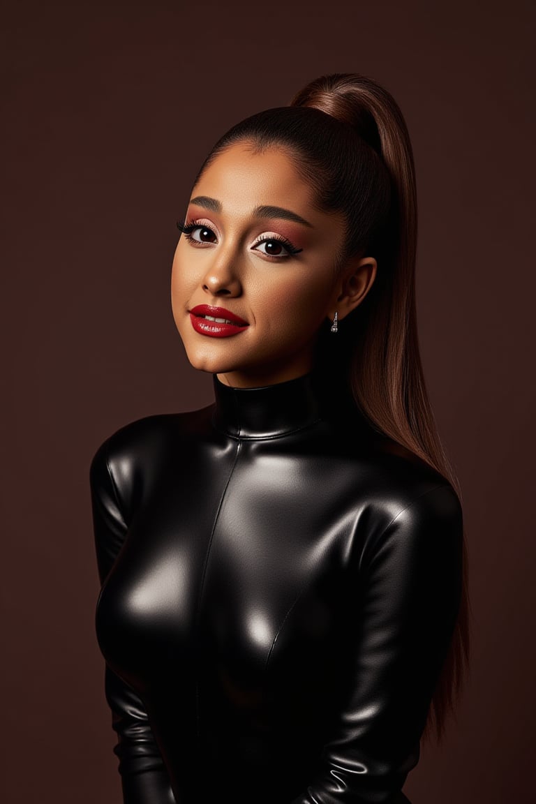 An Ariana Grande (arianagrande), upper body portrait, young, sexy, and beautiful woman, very accentuated features, perfect body with ideal proportions, perfect eyes with very long eyelashes, juicy lips, perfect smile, sensual devilish smile, smiling, sensual makeup, sinister, dark, horror, gothic, ,Realism,Epic,Movie Still,DonMn1ghtm4reXL,ink ,style, UHD, 8K, intricate, highly detailed, perfect volumetric light, epic light, urban art masterpiece, charcoal drawing, intense colors, vibrant colors, chromatic aberration, vintage style, abstract, ((upper body)), vintage_p_style, sensual, mysterious, powerful aura,vintage_p_style,GLOWING, wearing a Latex suit