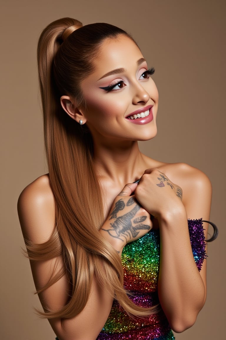 dynamic pose, Ariana Grande(arianagrande) modern fashionable girl, high resolution, precise correct anatomy, rainbow dress

sexy, and beautiful woman, very accentuated features, perfect body with ideal proportions, perfect eyes with very long eyelashes, juicy lips, perfect smile, sensual devilish smile, smiling, sensual makeup, sinister,Realism, abstract, ((upper body)), sensual, mysterious, powerful aura