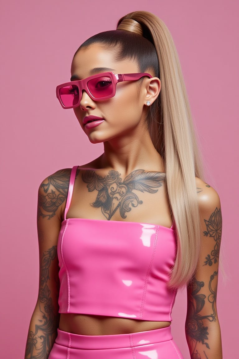 Ariana Grande(arianagrande) , Female goth with pale skin, blonde Ponytail hair , dressed in pink skrt with a pink latex cropped tanktop, pink chrome sunglasses, pink lipstick, tattooed, tattooed face, tattooed body,