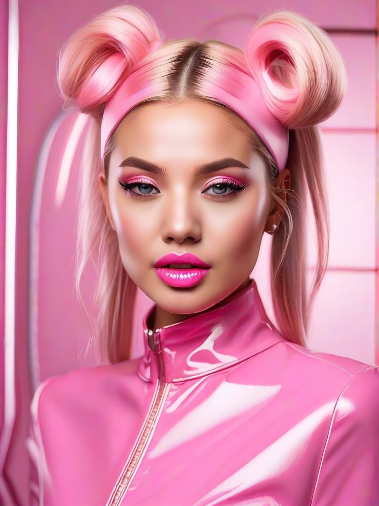 a woman, pink ponytail, pink lipstick, wearing a latex pink dess