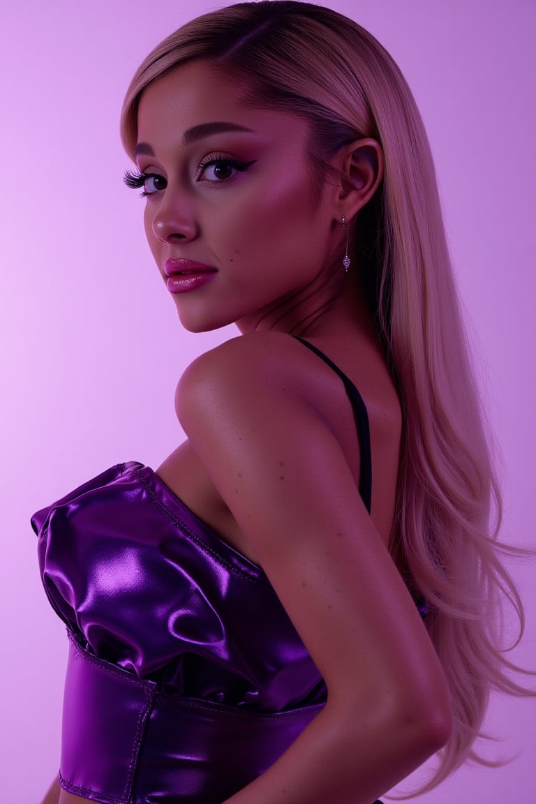 dynamic pose, Ariana Grande(arianagrande) modern fashionable girl, high resolution, precise correct anatomy, pruple metal dress

sexy, and beautiful woman, very accentuated features, perfect body with ideal proportions, perfect eyes with very long eyelashes, juicy lips, perfect smile, sensual devilish smile, smiling, sensual makeup, sinister,Realism, abstract, ((upper body)), sensual, mysterious, powerful aura