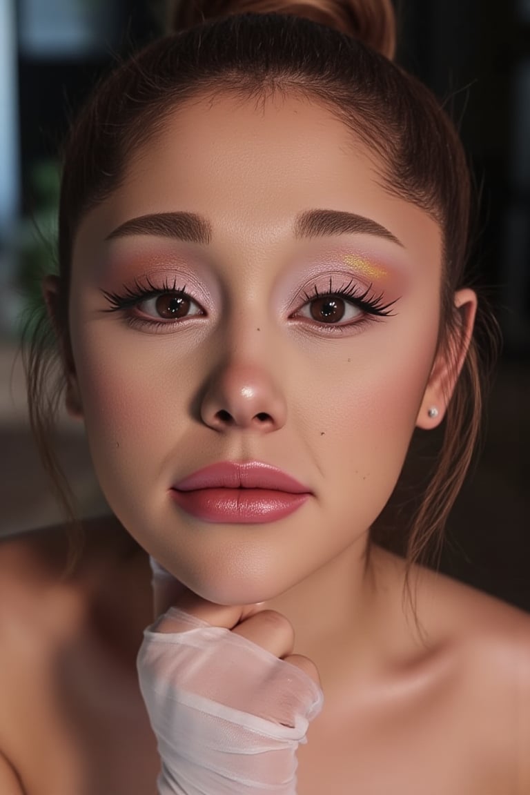 wide field of view, centered, dynamic pose, Ariana Grande(arianagrande) modern fashionable girl with expressive eyes , highly detailed, 4 k, hdr, sharp focus, high resolution, excellent composition, cinematic atmosphere, precise correct anatomy, aesthetichigh detail of the face image, rainbow metal full makeups,eli3