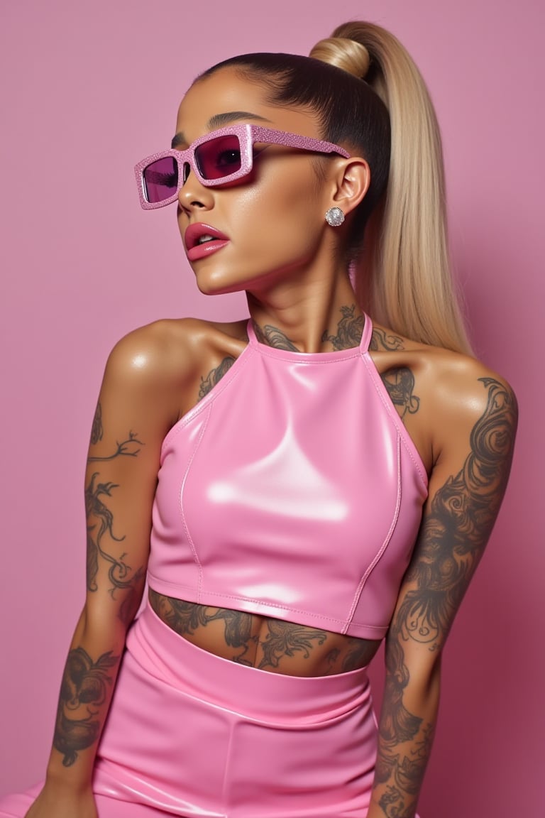 Ariana Grande(arianagrande) , Female goth with pale skin, blonde Ponytail hair , dressed in pink skrt with a pink latex cropped tanktop, pink chrome sunglasses, pink lipstick, tattooed, tattooed face, tattooed body,