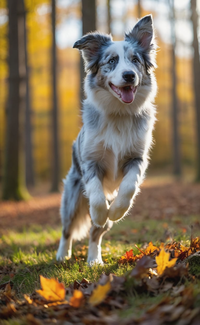 Against a backdrop of mystique, a blue-merle border collie defies gravity, its unbridled joy radiating as it soars through the autumn forest's radiant canopy. The frame is awash with golden hues, redish leafs, and amber tones, as if reality itself has been infused with an otherworldly essence. Depth of field blurs the sun-kissed forest floor, while the puppy's mid-air acrobatics draws focus to its dynamic pose. Shot from a low angle, looking up at the canine's exuberance, cinematic composition evokes wonder and magic under dusk's muted highlights. dark shadows and vigniette.