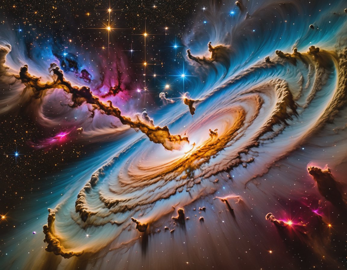 A stunning hyperrealistic masterpiece of Deep Space. In a sweeping, ultra-high-resolution composition, delicate cosmic clouds drift across the canvas, their wispy tendrils illuminated by muted highlights that dance with an ethereal glow. The galaxys and nebulas unfold like a celestial tapestry, showcasing insane details at 12k resolution. Against the inky blackness of space, the vivid colors of the cosmos pop with brilliant contrast, drawing the viewer's eye into the infinite expanse.