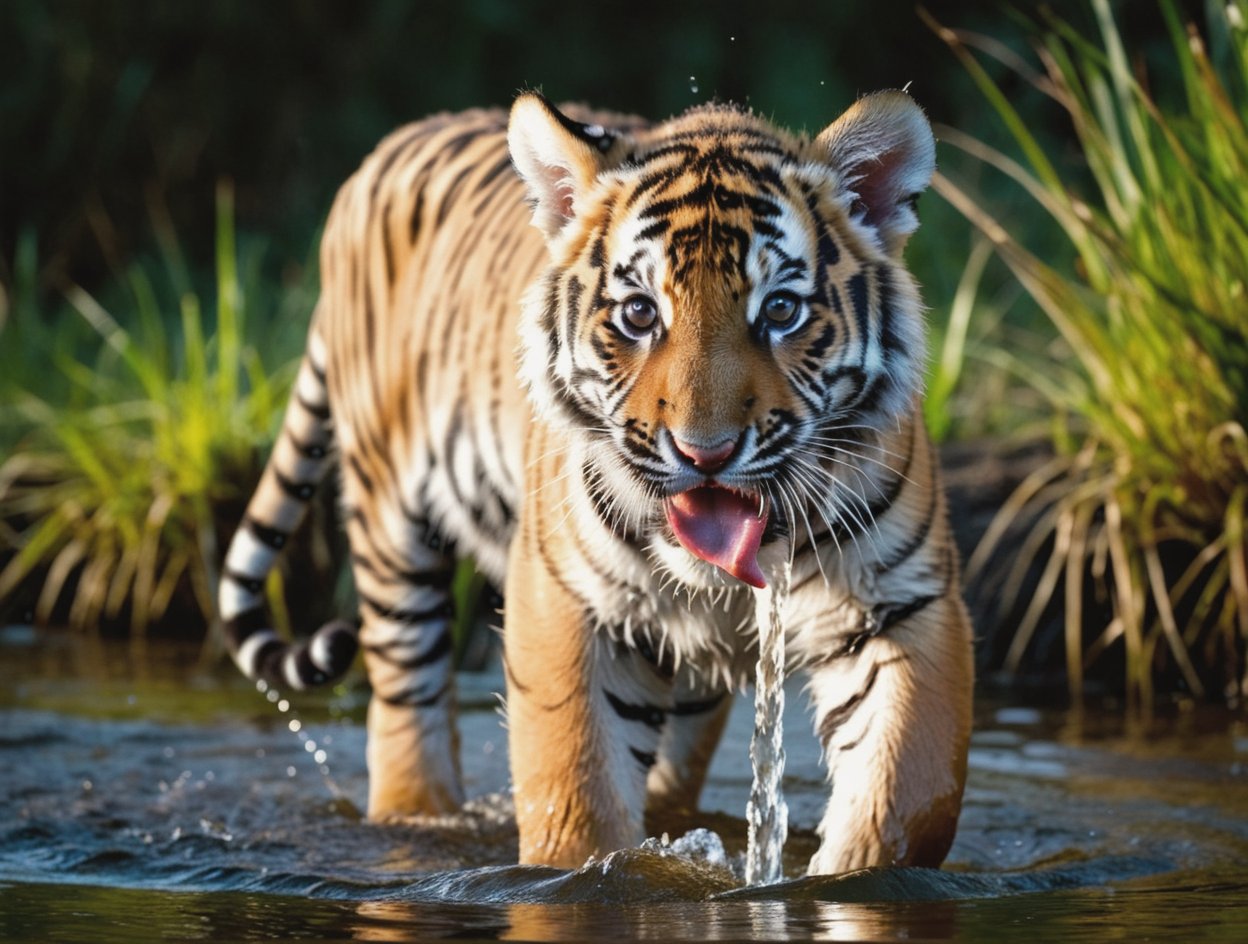 RAW photo, (eye contact), (low angle), dynamic angle, tiger pup, drinking water from river, its tongue in the water, water splash, , in a clearing,, a gorgeous firest in background, very sharp, cinematic lights, full body in frame, macro shot, dark shot, deep darks, deep of field, amazing natural lighting, intricate design, 32k, ultra hd, realistic, highly detailed,  best quality, cinematic lighting, photorealistic, hyperrealistic, high definition, extremely detailed, insane details (finely detailed beautiful eyes and detailed face), (brilliant composition), 