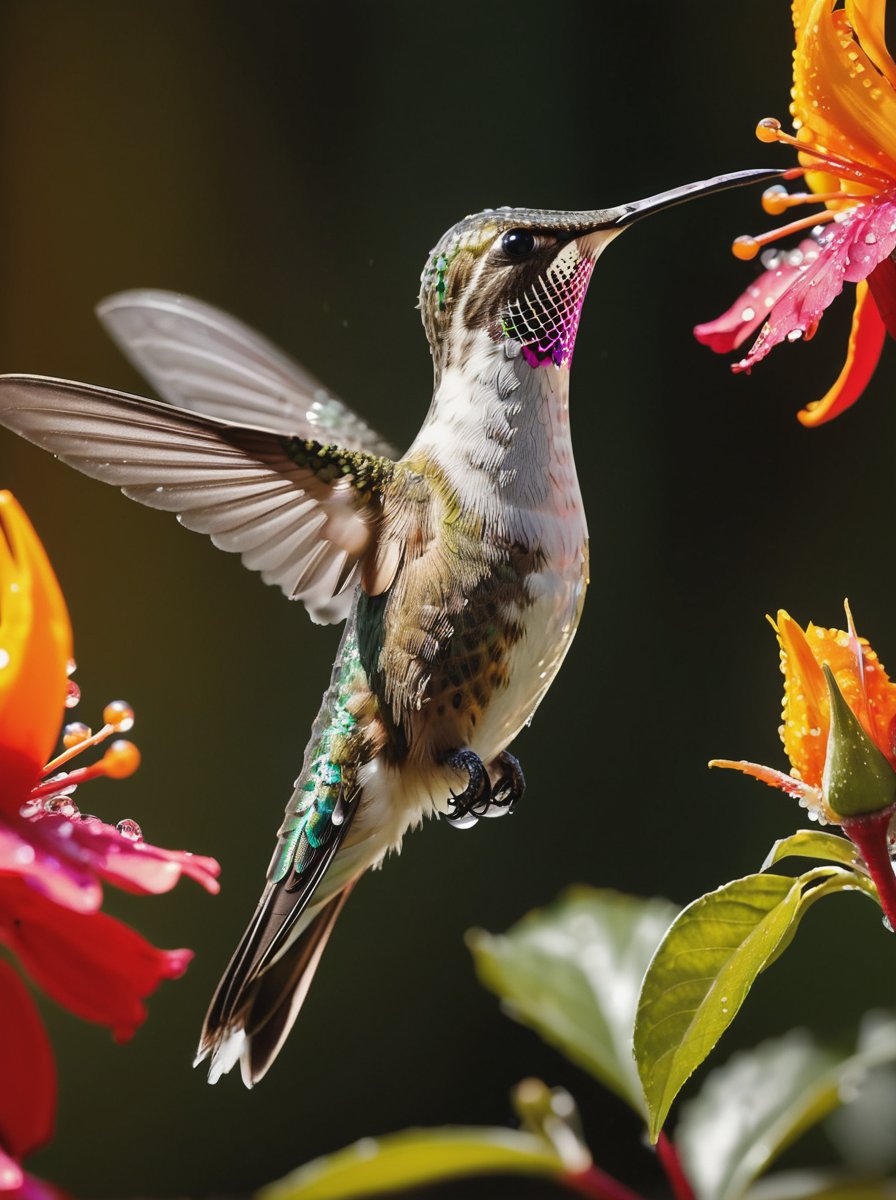 Ultra-high-speed capture of a hummingbird frozen mid-flight, wings suspended in time. Water droplets delicately orbit its beak as it sips nectar from a vibrant flower, iridescent feathers radiating sunlight. The blurred background of lush blooms provides contrast to the sharp focus on the bird's glassy eyes and intricate feather textures. 12K resolution ensures breathtaking detail, with optimal lighting casting a warm glow on the subject, while deep shadows add depth and dimensionality.
