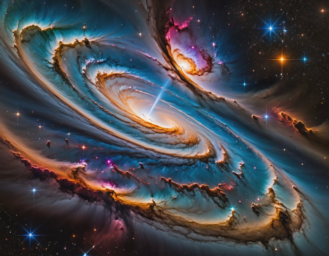 A stunning hyperrealistic masterpiece of Deep Space. In a sweeping, ultra-high-resolution composition, delicate cosmic clouds drift across the canvas, their wispy tendrils illuminated by muted highlights that dance with an ethereal glow. The galaxys and nebulas unfold like a celestial tapestry, showcasing insane details at 12k resolution. Against the inky blackness of space, the vivid colors of the cosmos pop with brilliant contrast, drawing the viewer's eye into the infinite expanse.