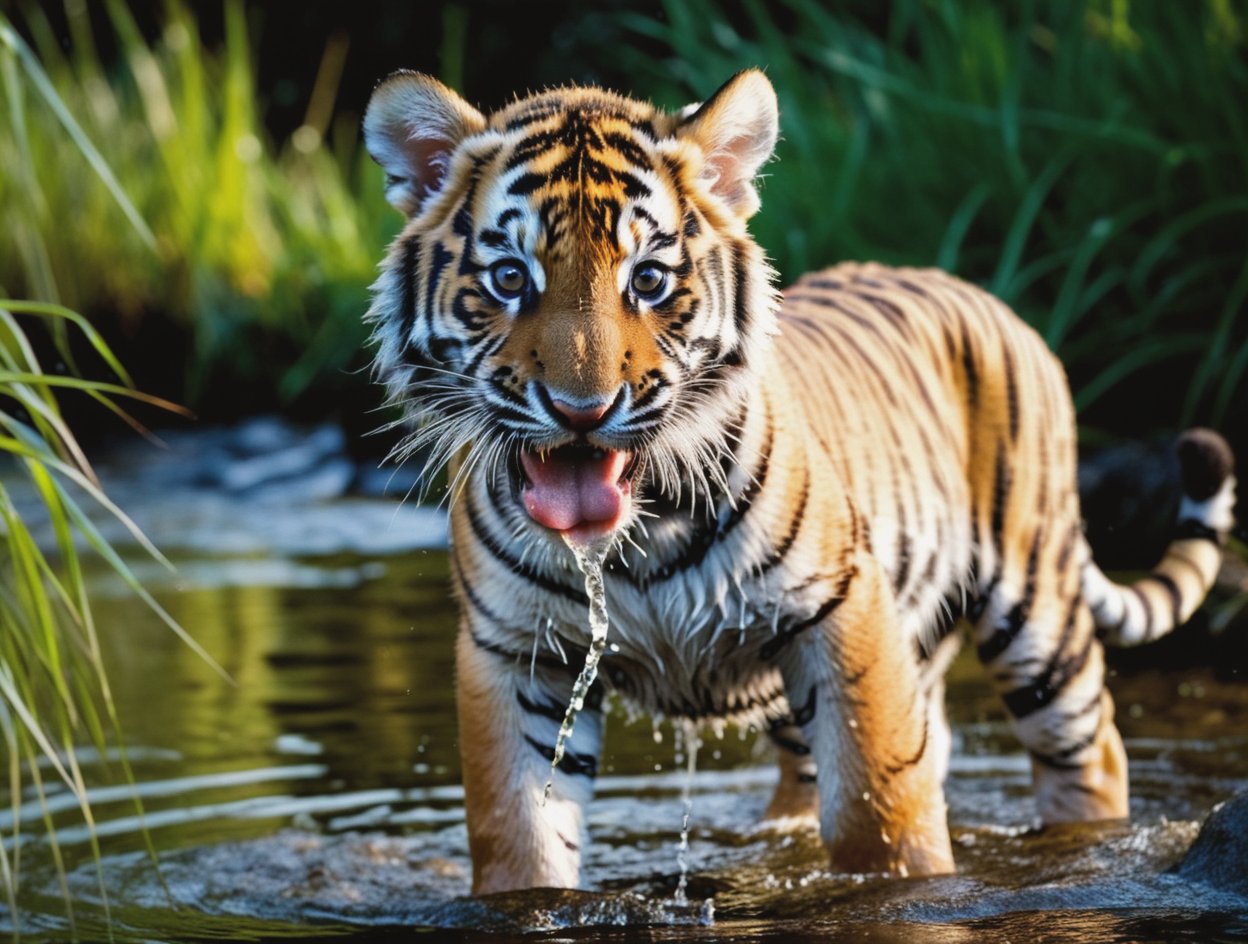 RAW photo, (eye contact), (low angle), dynamic angle, tiger pup, drinking water from river, its tongue in the water, water splash, , in a clearing,, a gorgeous firest in background, very sharp, cinematic lights, full body in frame, macro shot, dark shot, deep darks, deep of field, amazing natural lighting, intricate design, 32k, ultra hd, realistic, highly detailed,  best quality, cinematic lighting, photorealistic, hyperrealistic, high definition, extremely detailed, insane details (finely detailed beautiful eyes and detailed face), (brilliant composition), 