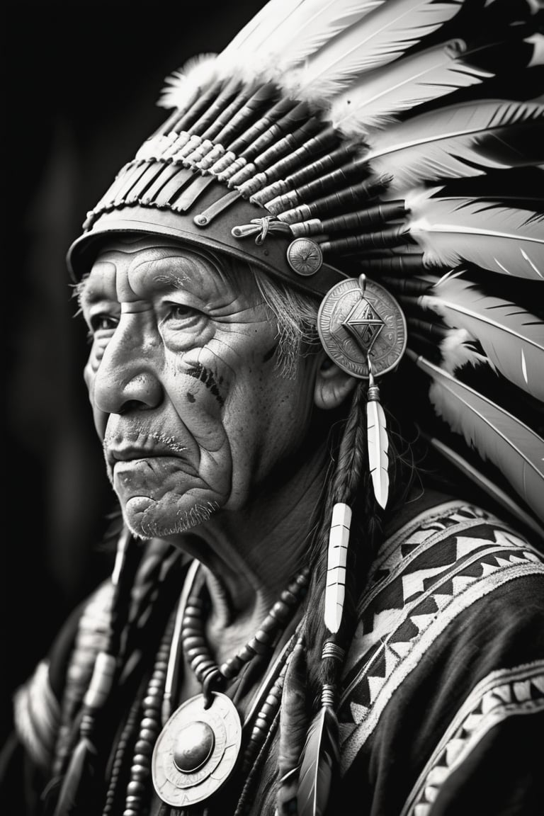 Photorealistic, (Rembrandt style), (dramatic shadows), (grayscale) portrait of a native american old man, face, bold black outlines, extreme detailed clothes and accesories, war helmet with eagle feathers, dark shot, monochromatic, haunting, defeated, highly detailed, Indigenous, ethnic, native american, backlighting, traditional patterns, extreme background, bold, looking away,high contrast, (muted highlights), (extreme detailed eyes and face), highly detailed, 8k, insane details, (brilliant composition)