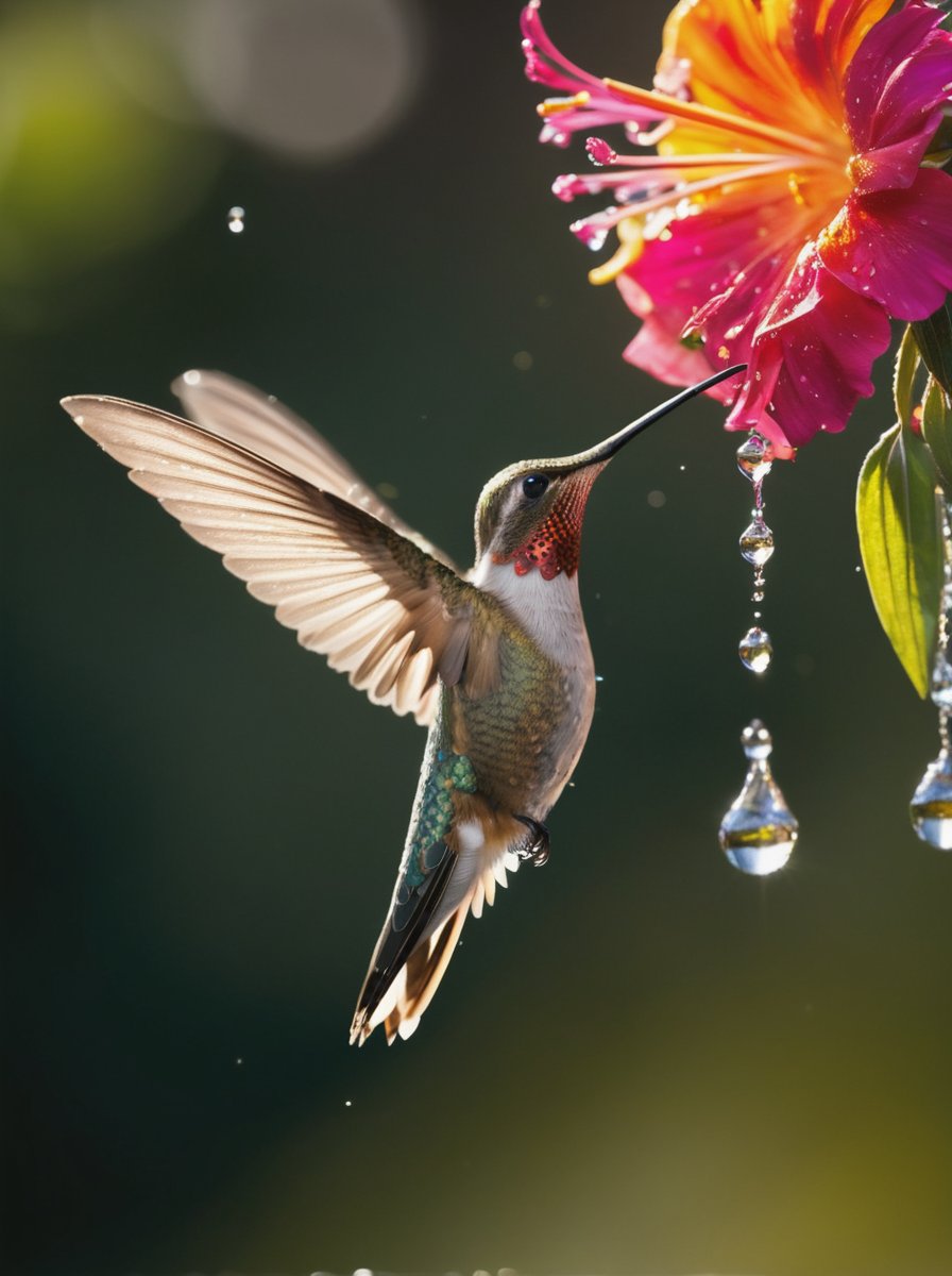 Hummingbird frozen in time: An ultra-high-speed capture of a hummingbird mid-flight, wings perfectly still, water droplets suspended around its beak as it drinks from a flower, iridescent feathers glinting in the sun, background a soft blur of vibrant flowers, extreme detail in the bird's eyes and feathers conveying the implied motion despite the stillness of the image, 12K, best illumination, best shadows, brilliant composition, insane details