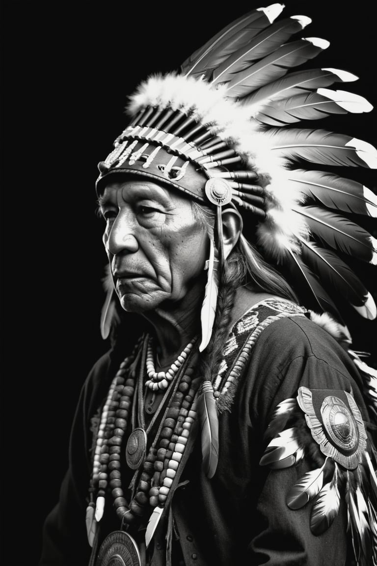 Photorealistic, (Rembrandt style), (dramatic shadows), (grayscale) portrait of a native american old man, face, bold black outlines, extreme detailed clothes and accesories, war helmet with eagle feathers, dark shot, monochromatic, haunting, defeated, highly detailed, Indigenous, ethnic, native american, backlighting, traditional patterns, dark background, bold, looking away,high contrast, (muted highlights), (extreme detailed eyes and face), highly detailed, 8k, insane details, (brilliant composition)