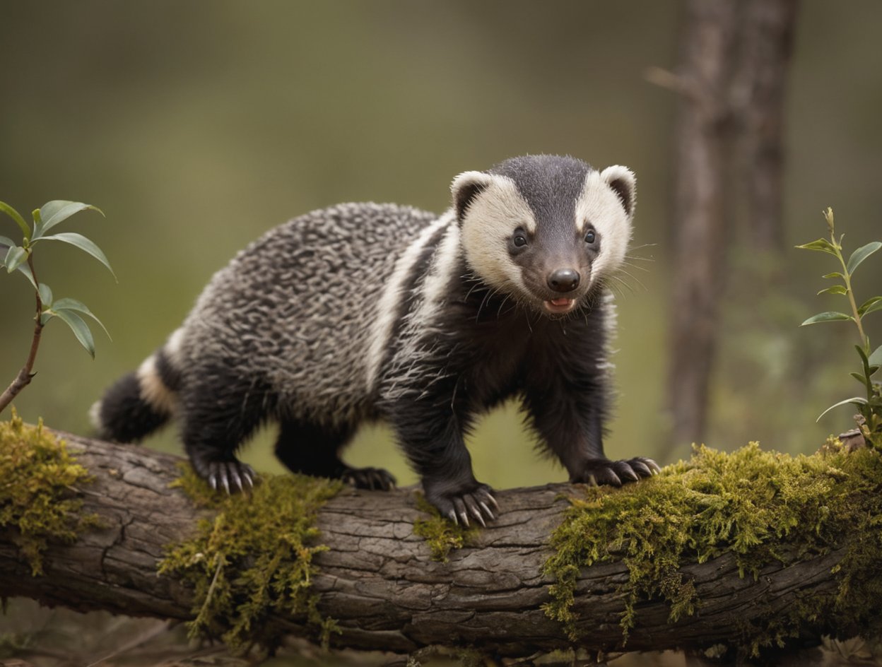 Capture a hyperrealistic full body, of the most adorable baby honey-badger imaginable, perched precariously on a tclearing next to a  (branch covered in musk). Frame the shot from a low angle, emphasizing the ibaby honey-badge's cuteness and tiny features. Lighting is crucial - aim for a dark, moody atmosphere with intense shadows and high contrast, utilizing 12K resolution to accentuate every detail. The composition should be simple yet striking, focusing attention on the snake's curious expression. 