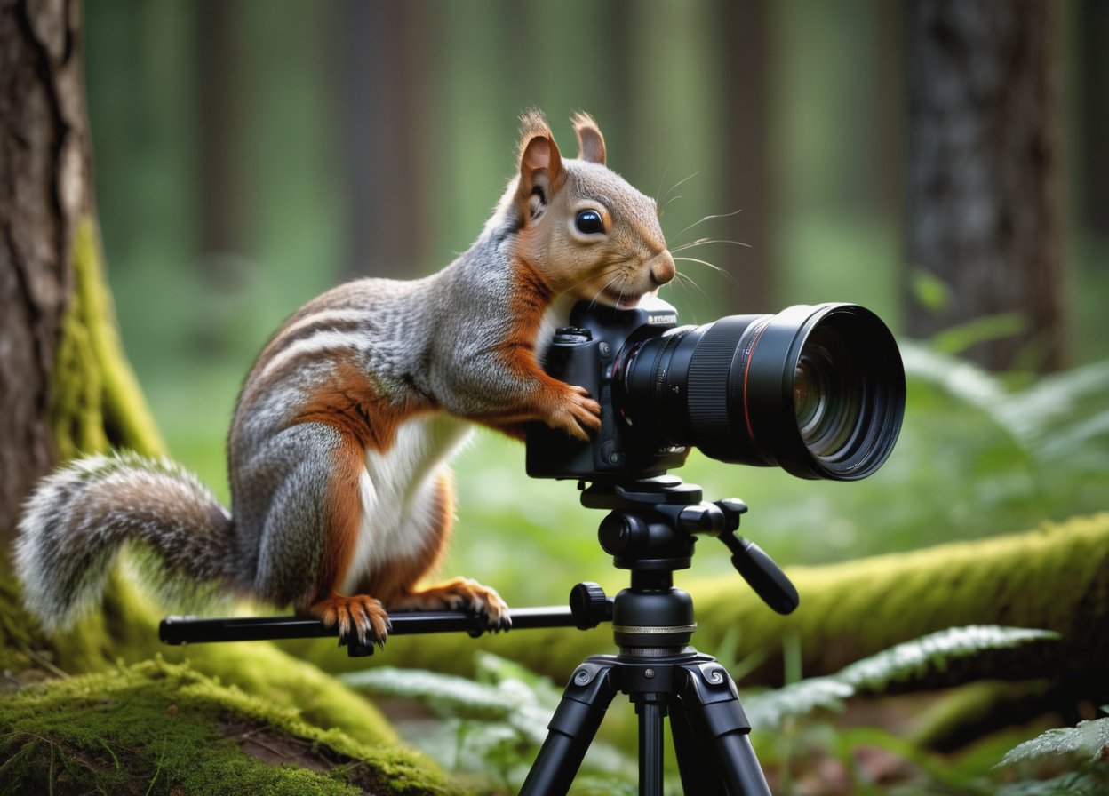 RAW photo, scene of a cute squirrel baby, (with a photo camera on tripod), (side view), (face to face), in a clearing, very sharp, cinematic lights, full body in frame, dark shot, deep darks, extremely detailed, masterpiece,, background a beautiful forrest, deep of field, amazing natural lighting, intricate design, photorealistic, hyperrealistic, high definition, extremely detailed,  realistic,  highly detailed, best quality, cinematic lighting, insane details, 12K, UHD, brilliant composition