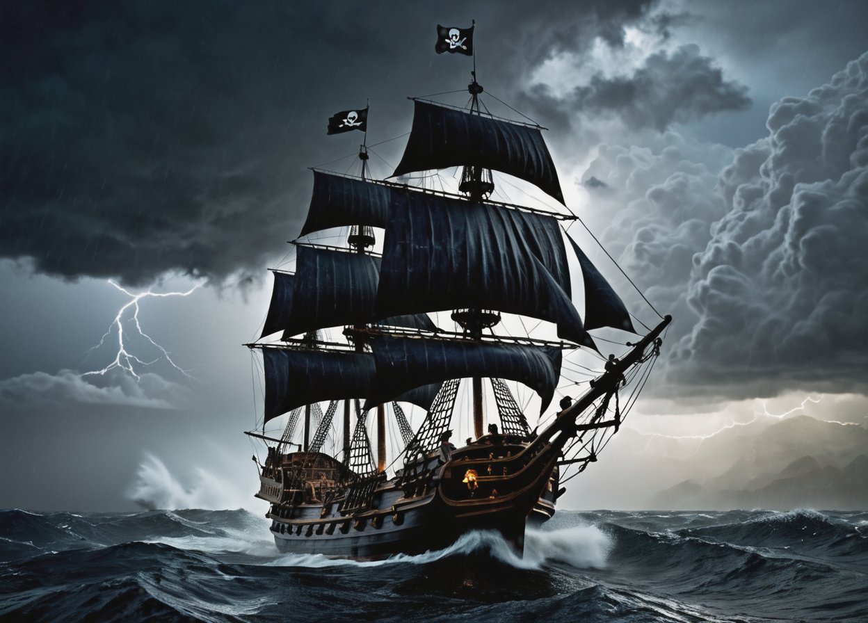 RAW photo, (close up), (hyperrealistic), (photorealistic), (dark night), dramatic cloudy sky, (thunderstorm), (a fantasy ghost pirate ship with black sails), in the middle of the storm at the ocean, (heavy rain), (huge foaming waves), the pirate flag flying on the mast, (night time), in the distance you can see an exotic island, dark shot, volumetric, dramatic scene, (dramatic shadows), insane details, (high quality), (ultra detail), (high resolution), (masterpiece), (complex and beautiful), (exquisitely beautiful), , cinematic, (gorgeous), insane details,  8K, UHD, (brilliant composition), 
