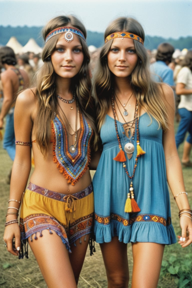 2girls, (full body), gorgeous 18 years old girls dancing, holding hands, at Woodstock Festival, 1969 s style, 1969s hippie cloth style, hipple and boho fashion 1969s, hippie chic, hippie fashion, hippie and boho fashion 1969s,  1969 s vibe, bohemian fashion, hippie, (finely detailed beautiful eyes and detailed face), (vibrant colors), intricate design, 32k, ultra hd, realistic, highly detailed,  best quality, cinematic lighting, photorealistic, hyperrealistic, high definition, extremely detailed, insane details (finely detailed beautiful eyes and detailed face), (brilliant composition), ,more detail XL
