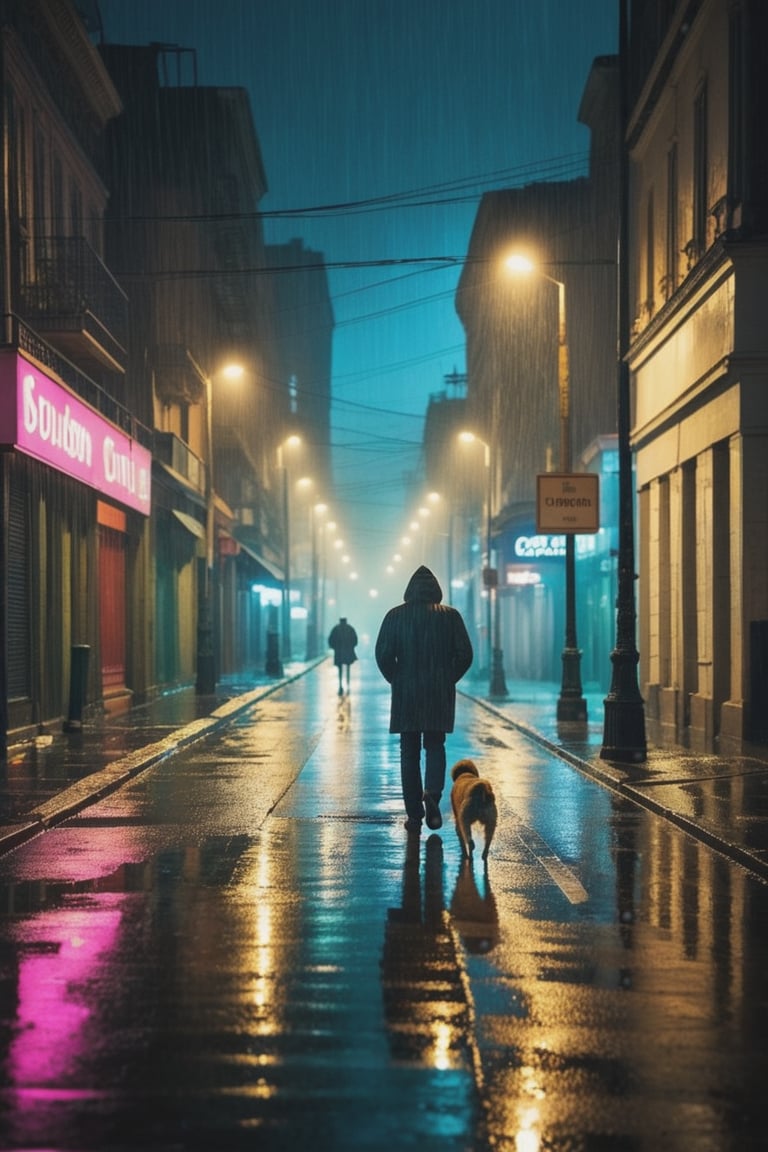 striking image of a dangerous city at night, the wet streets reflect the light from the streetlamps, the city is modern yet desolate feeling, a man walks his dog down the street,, (deep dark tones), (muted highlights), (vibrant colors), (high quality), (ultra detail), (high resolution), (masterpiece), (complex and beautiful), (exquisitely beautiful), , cinematic, (gorgeous), insane details,  8K, UHD, (brilliant composition), 