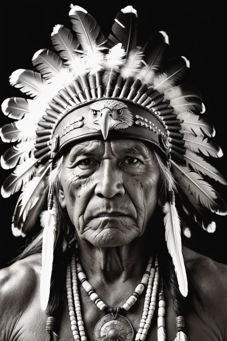 Photorealistic, (grayscale) portrait of a native american old man, face, bold black outlines, extreme detailed clothes and accesories, war helmet with eagle feathers, dark shot, monochromatic, haunting, defeated, highly detailed, Indigenous, ethnic, native american, bright backlighting, traditional patterns, extreme background, bold, looking away, (extreme detailed eyes and face), highly detailed, 8k, insane details, (brilliant composition)