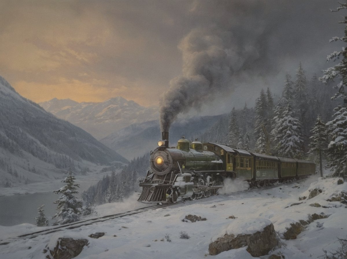 A majestic oil on canvas masterpiece depicting an early 19th century steam locomotive chugging along the snowy mountainside at dusk. Muted colors of muted greens and grays dominate the scene as the locomotive's smoke billows into the atmosphere, shrouding the majestic peaks in a mystical haze. Snow-covered trees and buildings dot the landscape, while the locomotive's wheels leave a trail of motion blur on the frozen terrain. Brilliant illumination casts long shadows, accentuating the train's dramatic pose amidst the volumetric snowy mountainscape. Hyper-realistic details abound, transporting the viewer to a bygone era of steam-powered adventure.