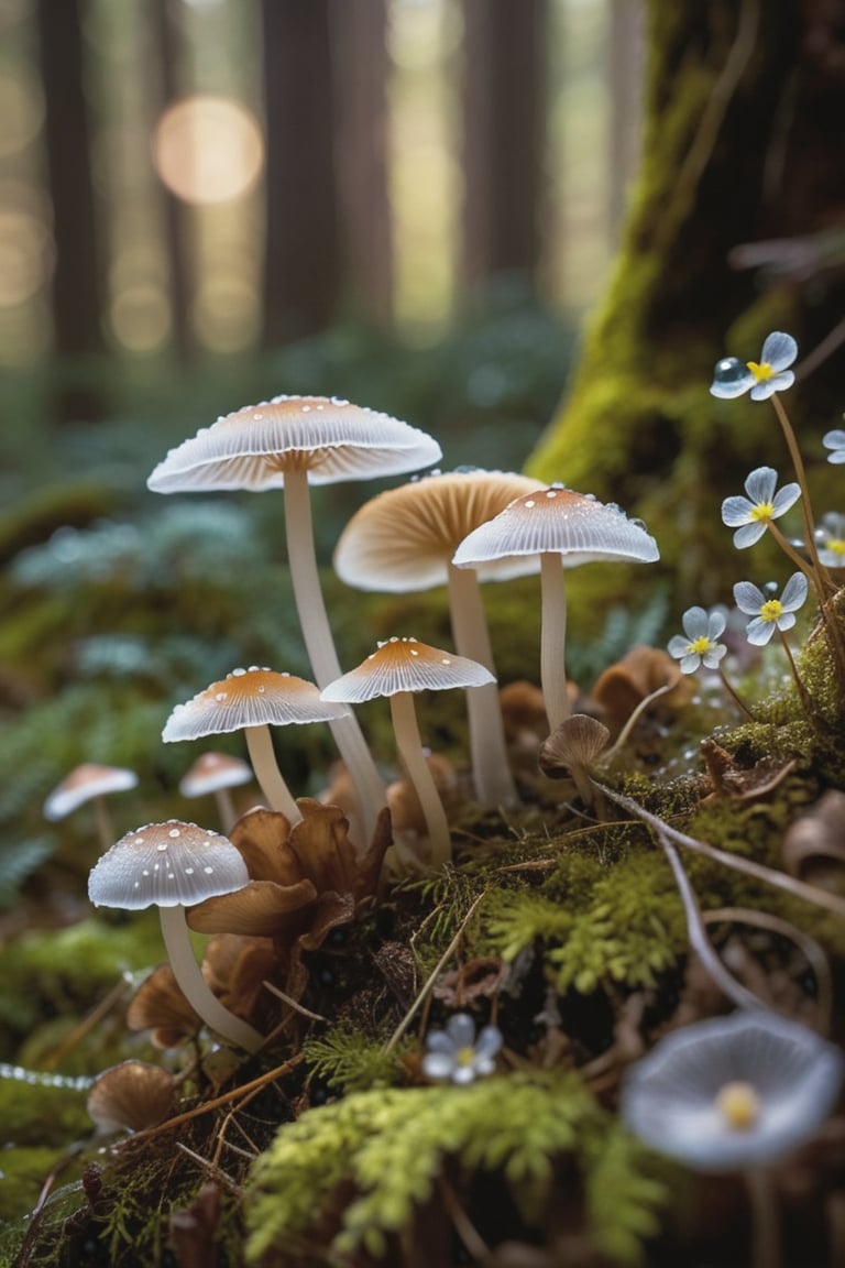 Delve into the enchanting microcosm of "Plants and Fungi" as you explore the delicate beauty of Mycena fungi, . This macro shot reveals the intricate details of the tiny fungi, showcasing their fragile stems and delicate caps with crystal-clear precision. In the foreground, soft flowers add an extra layer of natural charm, their petals framing the fungi like nature's own artwork. Set against a backdrop of the forest floor, the fungi and flowers stand out in sharp focus, while the surrounding environment melts away into the most exquisite bokeh. Small, twinkling bokeh lights in the background, like tiny orbs of magic, create a dreamlike atmosphere that highlights the ethereal beauty of the scene. (geautiful dew on top of fungi),This mesmerizing image, shot with a Canon EOS R5 paired with a Canon RF 100mm f/2.8L Macro IS USM lens, captures every fine detail and subtle texture with stunning clarity. Immerse yourself in the hidden wonders of the natural world, where the interplay of light and shadow, combined with the finest bokeh and the charm of foreground flowers, elevates the humble Mycena fungi to a work of art., (dark shot), (deep darks), (deep shadows), (muted highlights), (vibrant colors), (dramatic shadows), insane details, (high quality), (ultra detail), (high resolution), (masterpiece), (complex and beautiful), (exquisitely beautiful), , cinematic, (gorgeous), insane details,  8K, UHD, (brilliant composition), 