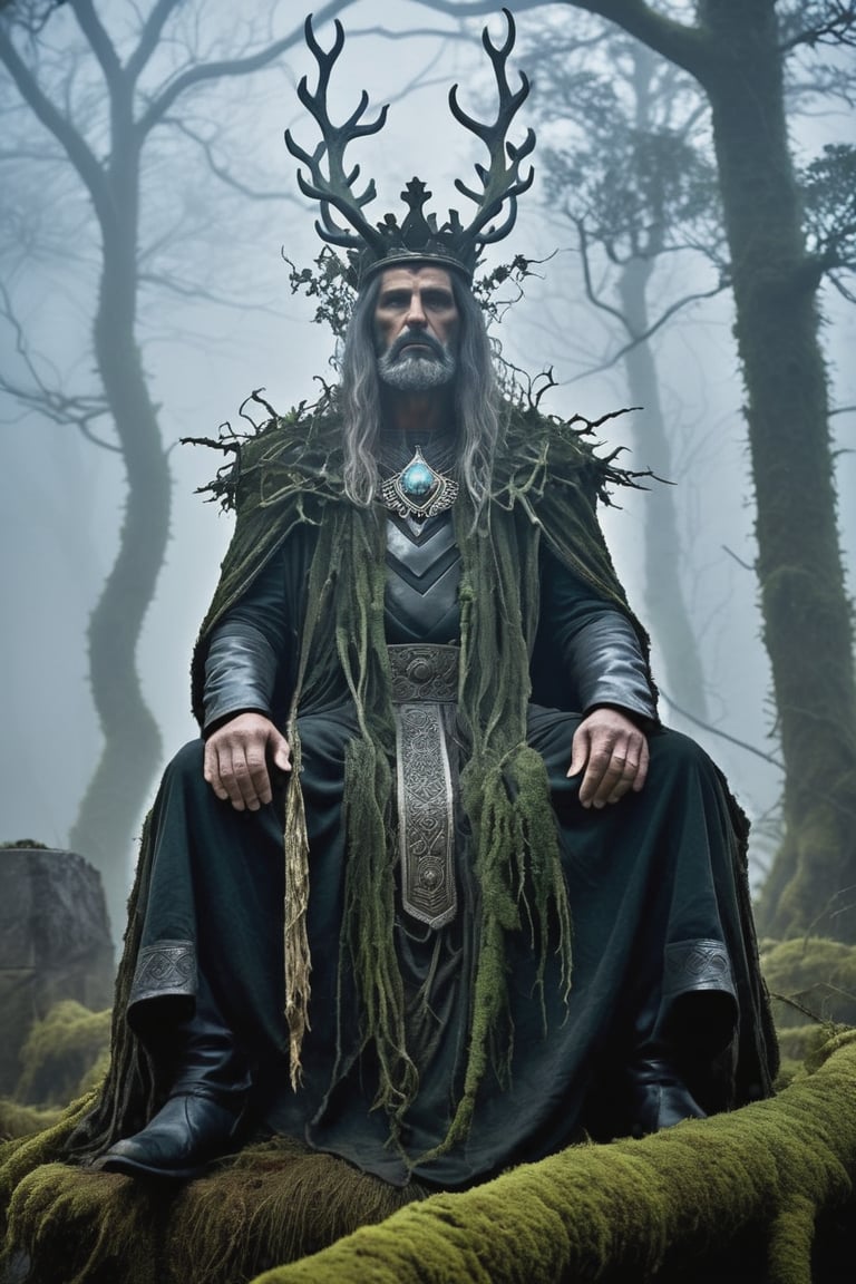 In a shrouded realm of eerie mist, an ancient king sits atop a throne, his weathered face bearing a dark, brooding expression. A jagged, branch-like thorny crown clings to his temples, its twisted branches tangled with vines and moss, as if nature itself sought to consume him. The misty veil obscures the king's features, rendering him an enigmatic figure of foreboding. Amidst this atmosphere of decay and darkness, a faint luminescence emanates from the fog, casting an otherworldly glow upon the scene.