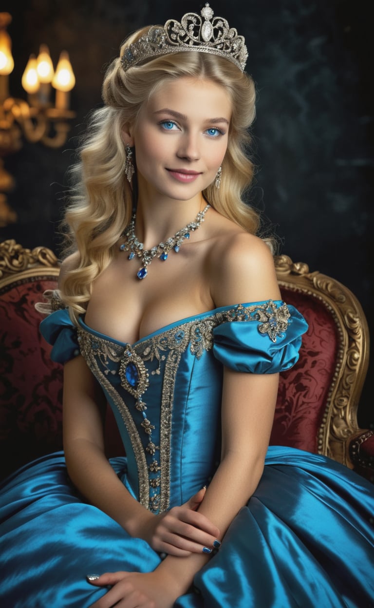 (upper body), (Rembrandt style), professional colorful photo of a gorgeous 18 years old princess, perfect face, very long blond hair, cleavage, dark shot, dramatic, extremely detailed, intricate, elegant, donning an elegant and  sophisticated Victorian dress with intricate details, a wide neckline and bare shoulders,, very detailed, detailed tiara with diamonds, tight waist, (elegant shoes), mysteryous seductive smile, cinematic lighting,high contrast, dramatic shadows, dark shot, (vibrant colors), extremely detailed  8k , hyperrealistic, high definition,  cinematic, UHD, HDR, 32k, ultra hd, realistic, photorealistic, highly detailed, (perfect composition), beautiful detailed, (full body in frame), insane details (finely detailed beautiful blue eyes and detailed face), (brilliant composition)