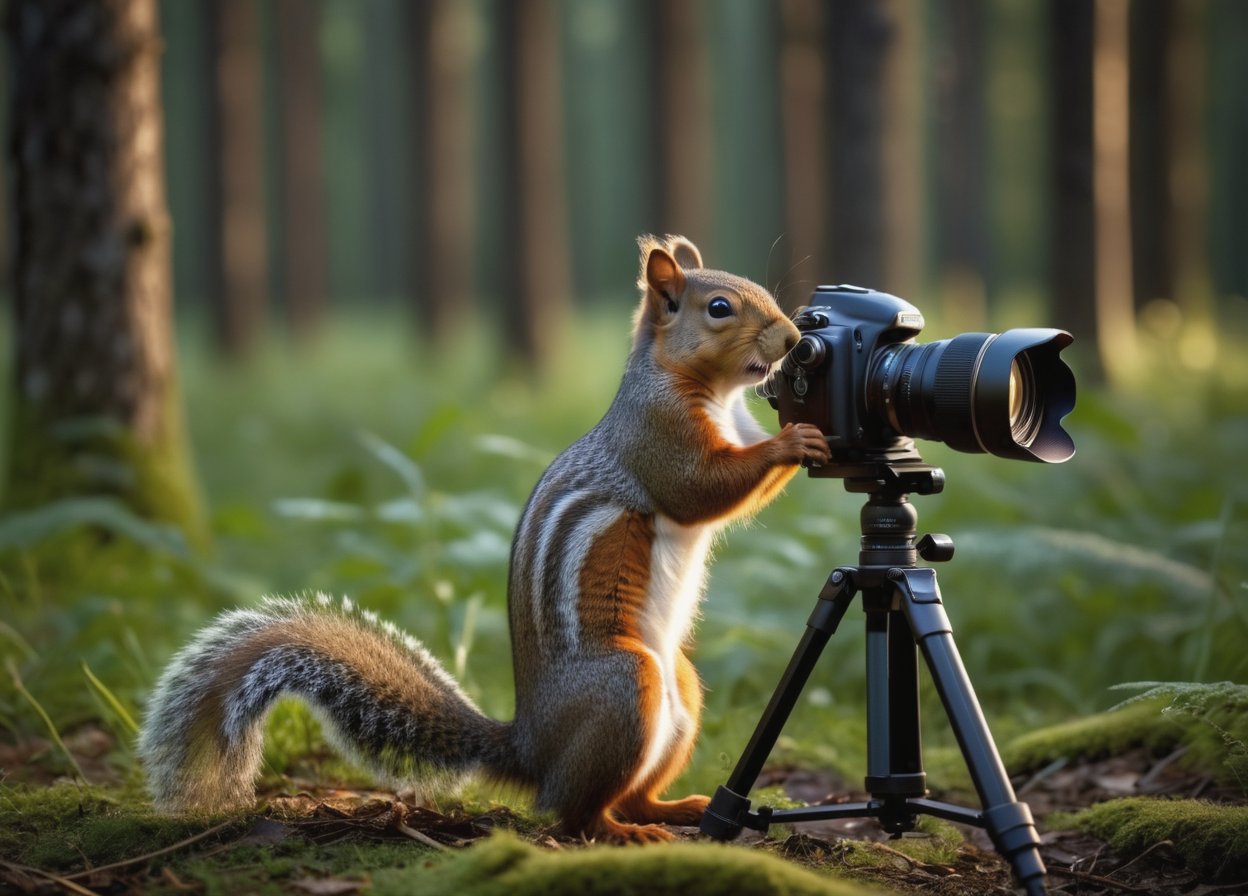 RAW photo, scene of a cute squirrel baby, (with a photo camera on tripod), (side view), (face to face), in a clearing, very sharp, cinematic lights, full body in frame, dark shot, deep darks, extremely detailed, masterpiece,, background a beautiful forrest, deep of field, amazing natural lighting, intricate design, photorealistic, hyperrealistic, high definition, extremely detailed,  realistic,  highly detailed, best quality, cinematic lighting, insane details, 12K, UHD, brilliant composition