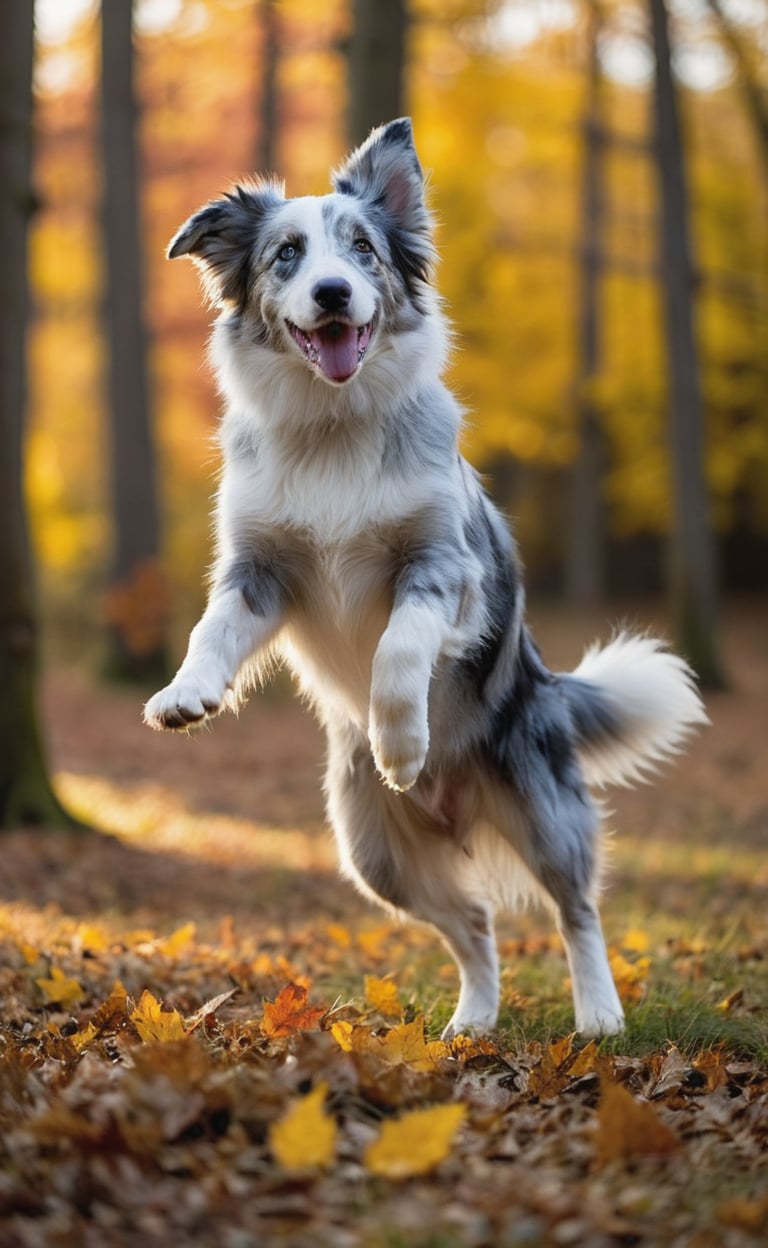 Against a backdrop of mystique, a blue-merle border collie defies gravity, its unbridled joy radiating as it soars through the autumn forest's radiant canopy. The frame is awash with golden hues, redish leafs, and amber tones, as if reality itself has been infused with an otherworldly essence. Depth of field blurs the sun-kissed forest floor, while the puppy's mid-air acrobatics draws focus to its dynamic pose. Shot from a low angle, looking up at the canine's exuberance, cinematic composition evokes wonder and magic under dusk's muted highlights. dark shadows and vigniette.