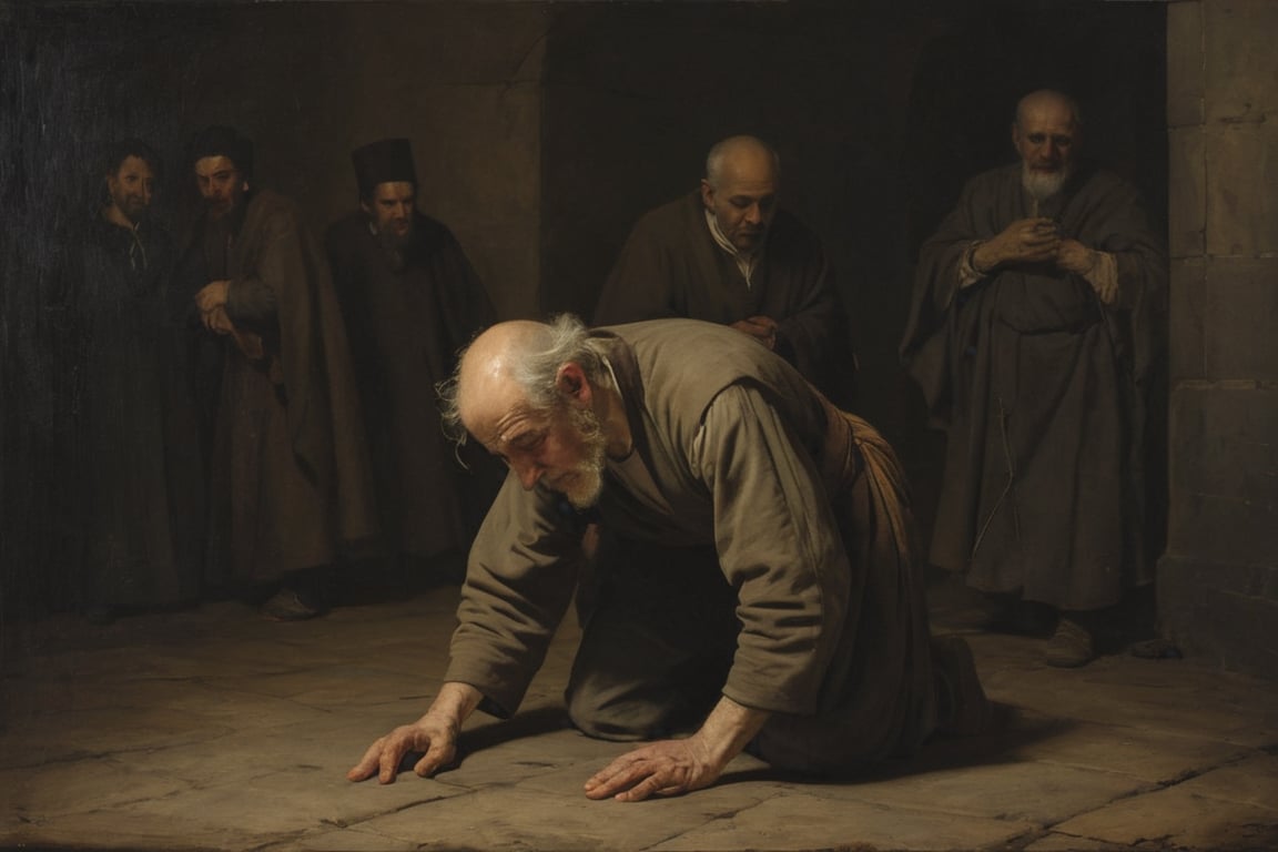 In a dimly lit 16th century Spanish square, under the watchful eyes of Inquisition priests, dramatic scene of a very old wretched beggar kneels in abject terror, his tattered clothes flapping wildly as he's brutally tortured and mocked. Oil paint strokes evoke Rembrandt's mastery, with muted colors heightening foreboding and dread. Chains bind him, as dramatic shadows dance across his distorted features, inviting the viewer into a mystifying realm of despair.