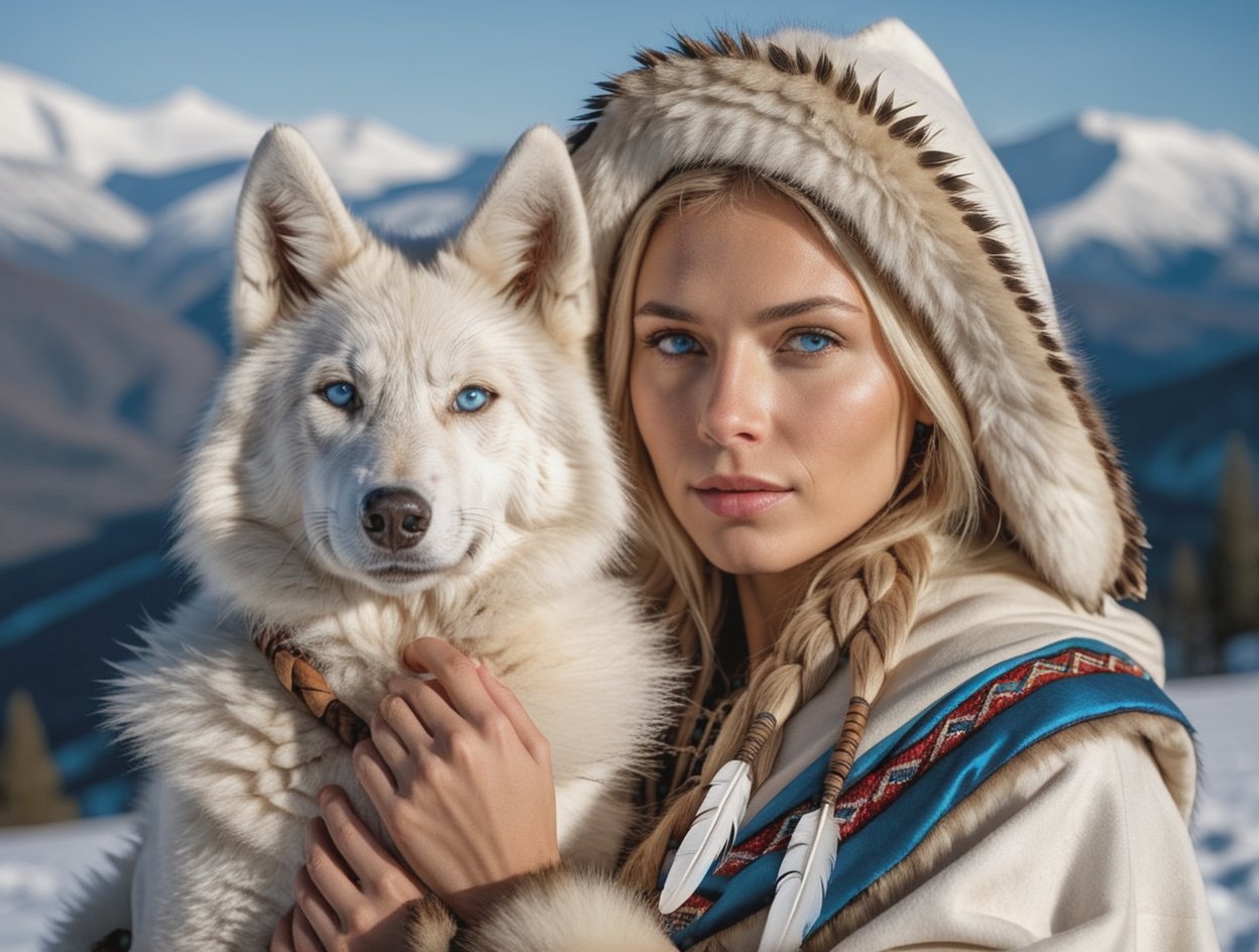 RAW photo, a beautiful cherokee blonde girl in traditional clothes with hood on, with traditional feathers holding a cute white wolf pup, very sharp, cinematic lights, (close up), macro, masterpiece, in snowy montains,  light snow, deep of field, amazing natural lighting, intricate design, 32k, ultra hd, realistic, highly detailed,  best quality, cinematic lighting, photorealistic, hyperrealistic, high definition, extremely detailed, insane details (finely detailed beautiful blue eyes and detailed face), (brilliant composition), (muted highlights),more detail XL