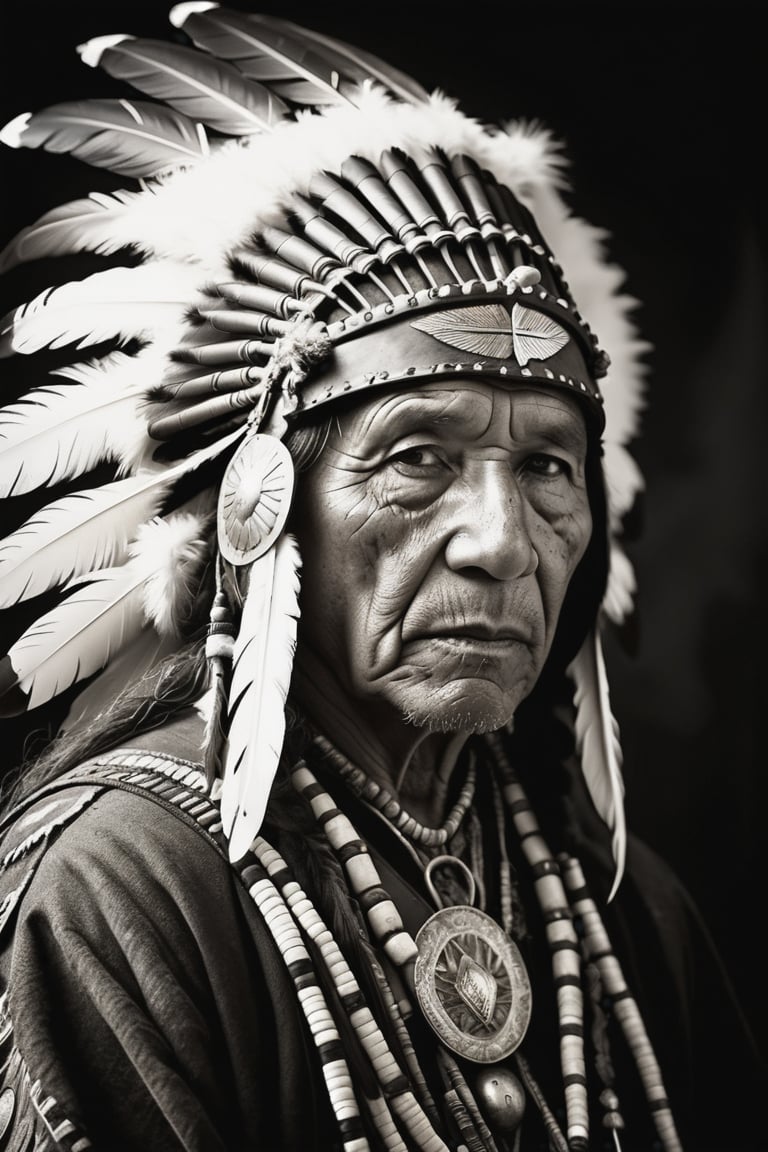 Photorealistic, (Rembrandt style), (dramatic shadows), (grayscale) portrait of a native american old man, face, bold black outlines, extreme detailed clothes and accesories, war helmet with eagle feathers, dark shot, monochromatic, haunting, defeated, highly detailed, Indigenous, ethnic, native american, backlighting, traditional patterns, extreme background, bold, looking away,high contrast, (muted highlights), (extreme detailed eyes and face), highly detailed, 8k, insane details, (brilliant composition)