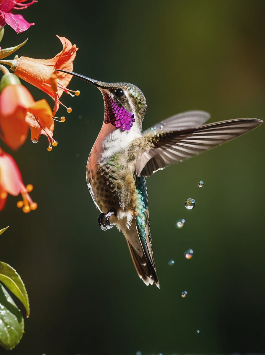 Ultra-high-speed capture of a hummingbird frozen mid-flight, wings suspended in time. Water droplets delicately orbit its beak as it sips nectar from a vibrant flower, iridescent feathers radiating sunlight. The blurred background of lush blooms provides contrast to the sharp focus on the bird's glassy eyes and intricate feather textures. 12K resolution ensures breathtaking detail, with optimal lighting casting a warm glow on the subject, while deep shadows add depth and dimensionality.