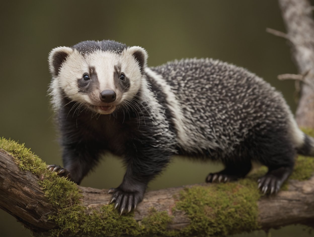 Capture a hyperrealistic full body, of the most adorable baby honey-badger imaginable, perched precariously on a tclearing next to a  (branch covered in musk). Frame the shot from a low angle, emphasizing the ibaby honey-badge's cuteness and tiny features. Lighting is crucial - aim for a dark, moody atmosphere with intense shadows and high contrast, utilizing 12K resolution to accentuate every detail. The composition should be simple yet striking, focusing attention on the snake's curious expression. 