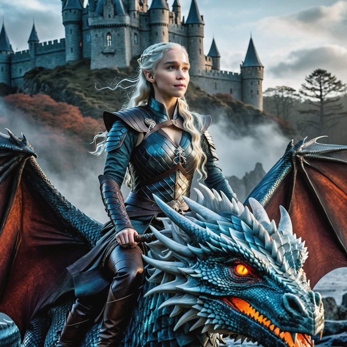 Daenerys Targaryen fly majestically on the back of her magnificent huge ice-throwing dragon in flight, its scales glistening in the vibrant light. Her full-body pose exudes confidence as she gazes out upon a castle spanning a misty forest. The dark background serves as a dramatic canvas for her ultra-detailed face, finely chiseled features illuminated by cinematic lights that dance across her skin. Insane details on the dragon's scales and Daenerys' clothing shimmer in 12K HDR, while perfect composition and best illumination create an exquisitely beautiful masterpiece.