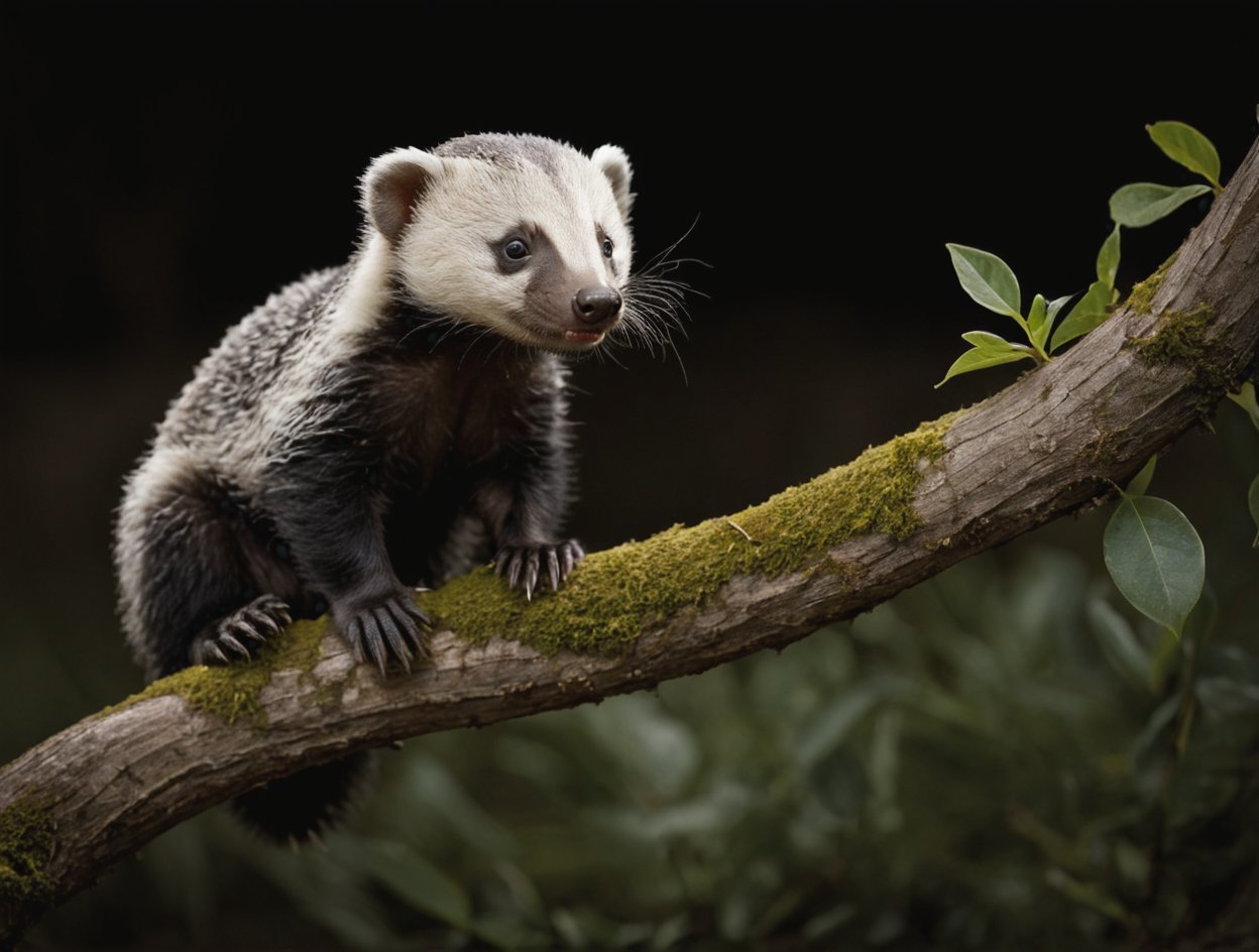 Capture a hyperrealistic full body, of the most adorable baby honey-badger imaginable, perched precariously on a tclearing next to a  branch with a delicate musk scent. Frame the shot from a low angle, emphasizing the ibaby honey-badge's plumpness and tiny features. Lighting is crucial - aim for a dark, moody atmosphere with intense shadows and high contrast, utilizing 12K resolution to accentuate every detail. The composition should be simple yet striking, focusing attention on the snake's curious expression. 