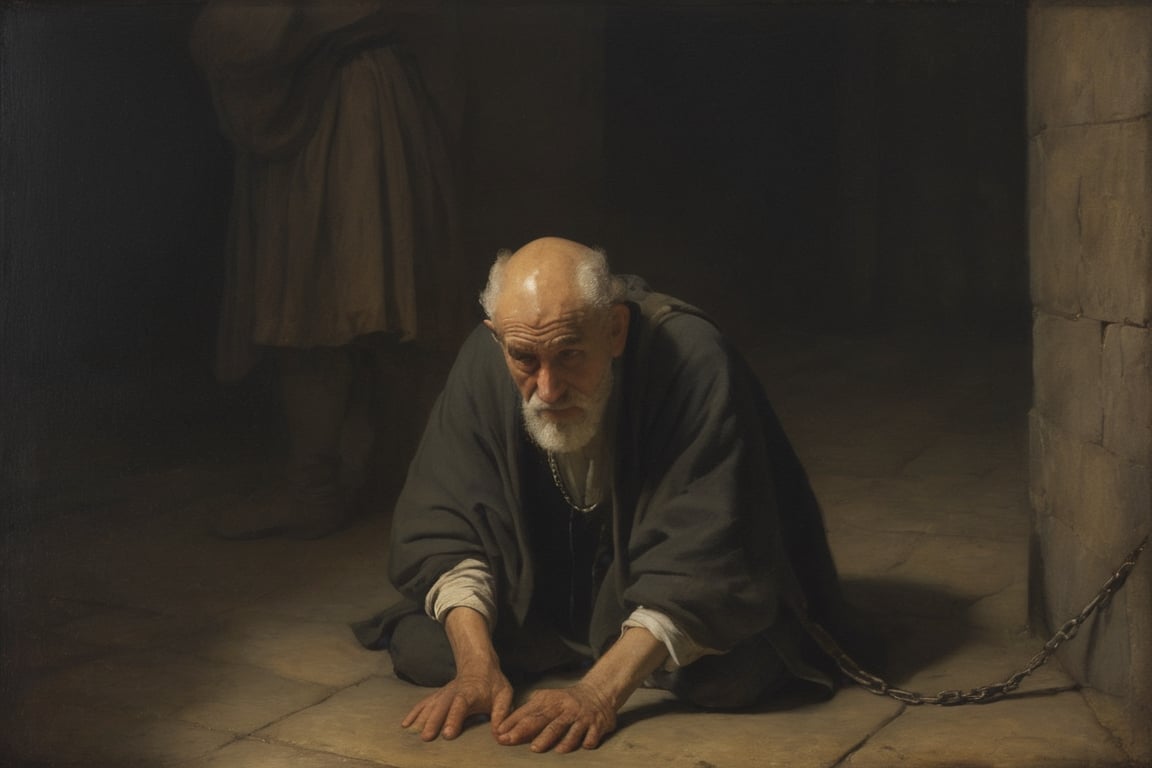 In a dimly lit 16th century Spanish square, under the watchful eyes of Inquisition priests, dramatic scene of a very old wretched beggar kneels in abject terror, his tattered clothes flapping wildly as he's brutally tortured and mocked. Oil paint strokes evoke Rembrandt's mastery, with muted colors heightening foreboding and dread. Chains bind him, as dramatic shadows dance across his distorted features, inviting the viewer into a mystifying realm of despair.