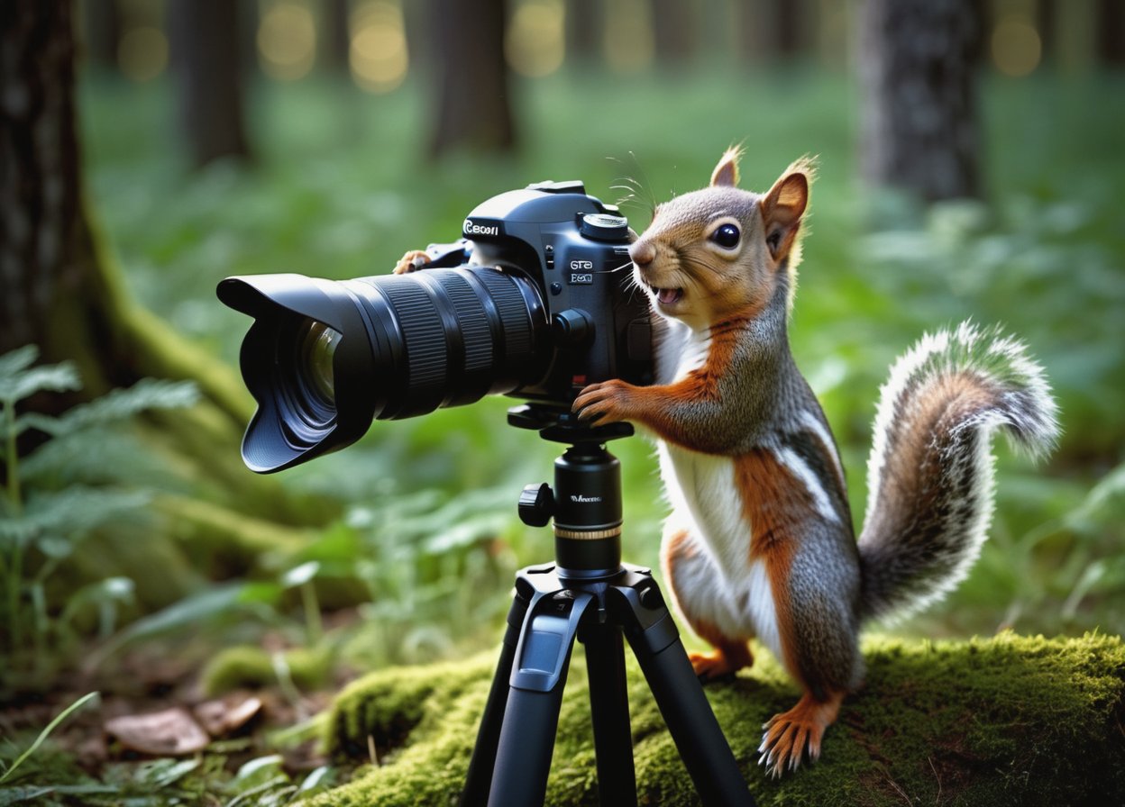 RAW photo, scene of a cute squirrel baby, (with a photo camera on tripod), (side view), (face to face), in a clearing, very sharp, cinematic lights, full body in frame, dark shot, deep darks, extremely detailed, masterpiece,, background a beautiful forrest, deep of field, amazing natural lighting, intricate design, photorealistic, hyperrealistic, high definition, extremely detailed,  realistic,  highly detailed, best quality, cinematic lighting, insane details, 12K, UHD, brilliant composition