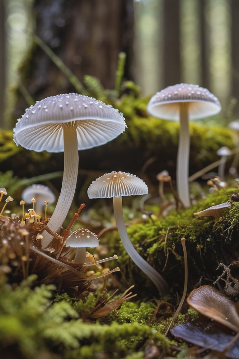 Delve into the enchanting microcosm of "Plants and Fungi" as you explore the delicate beauty of Mycena fungi, . This macro shot reveals the intricate details of the tiny fungi, showcasing their fragile stems and delicate caps with crystal-clear precision. In the foreground, soft flowers add an extra layer of natural charm, their petals framing the fungi like nature's own artwork. Set against a backdrop of the forest floor, the fungi and flowers stand out in sharp focus, while the surrounding environment melts away into the most exquisite bokeh. Small, twinkling bokeh lights in the background, like tiny orbs of magic, create a dreamlike atmosphere that highlights the ethereal beauty of the scene. (geautiful dew on top of fungi),This mesmerizing image, shot with a Canon EOS R5 paired with a Canon RF 100mm f/2.8L Macro IS USM lens, captures every fine detail and subtle texture with stunning clarity. Immerse yourself in the hidden wonders of the natural world, where the interplay of light and shadow, combined with the finest bokeh and the charm of foreground flowers, elevates the humble Mycena fungi to a work of art., (dark shot), (deep darks), (deep shadows), (muted highlights), (vibrant colors), (dramatic shadows), insane details, (high quality), (ultra detail), (high resolution), (masterpiece), (complex and beautiful), (exquisitely beautiful), , cinematic, (gorgeous), insane details,  8K, UHD, (brilliant composition), 