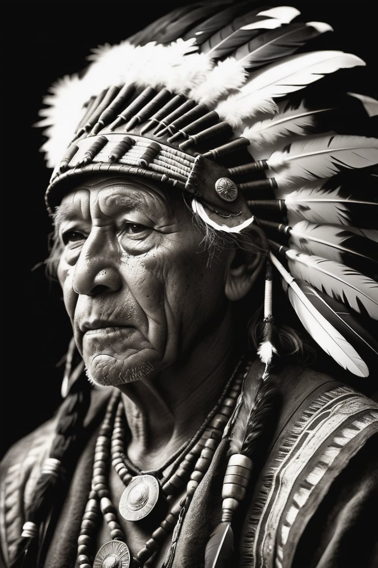 Photorealistic, (Rembrandt style), (dramatic shadows), (grayscale) portrait of a native american old man, face, bold black outlines, extreme detailed clothes and accesories, war helmet with eagle feathers, dark shot, monochromatic, haunting, defeated, highly detailed, Indigenous, ethnic, native american, backlighting, traditional patterns, dark background, bold, looking away,high contrast, (muted highlights), (extreme detailed eyes and face), highly detailed, 8k, insane details, (brilliant composition)