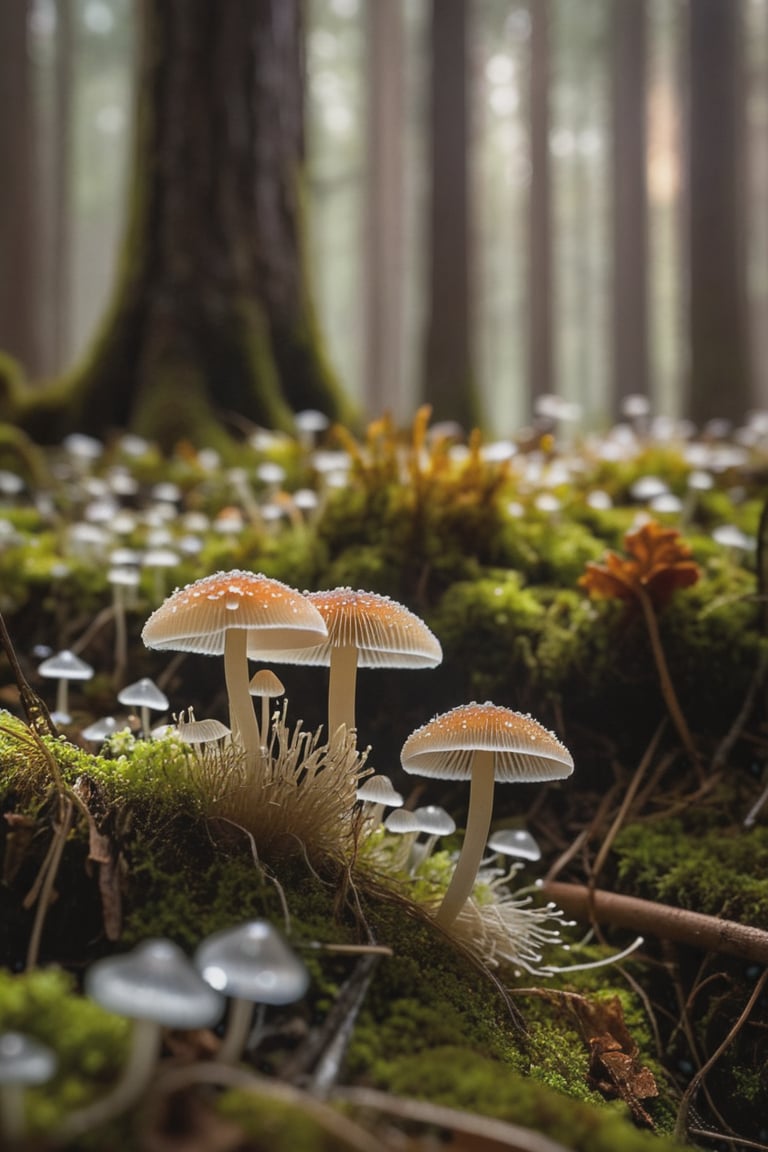 Delve into the enchanting microcosm of "Plants and Fungi" as you explore the delicate beauty of Mycena fungi, . This macro shot reveals the intricate details of the tiny fungi, showcasing their fragile stems and delicate caps with crystal-clear precision. In the foreground, soft flowers add an extra layer of natural charm, their petals framing the fungi like nature's own artwork. Set against a backdrop of the forest floor, the fungi and flowers stand out in sharp focus, while the surrounding environment melts away into the most exquisite bokeh. Small, twinkling bokeh lights in the background, like tiny orbs of magic, create a dreamlike atmosphere that highlights the ethereal beauty of the scene. (geautiful dew on top of fungi and on the ground),This mesmerizing image, shot with a Canon EOS R5 paired with a Canon RF 100mm f/2.8L Macro IS USM lens, captures every fine detail and subtle texture with stunning clarity. Immerse yourself in the hidden wonders of the natural world, where the interplay of light and shadow, combined with the finest bokeh and the charm of foreground flowers, elevates the humble Mycena fungi to a work of art., (dark shot), (deep darks), (deep shadows), (muted highlights), (vibrant colors), (dramatic shadows), insane details, (high quality), (ultra detail), (high resolution), (masterpiece), (complex and beautiful), (exquisitely beautiful), , cinematic, (gorgeous), insane details,  8K, UHD, (brilliant composition), 