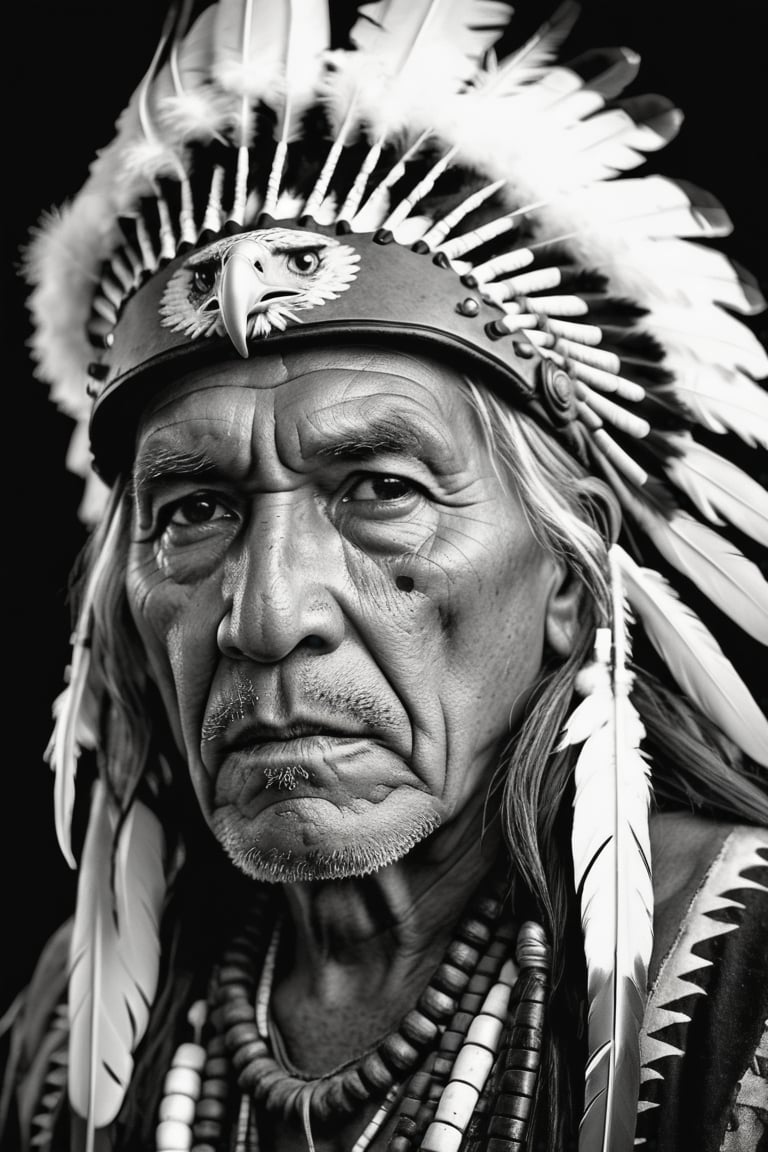 Photorealistic, (grayscale) portrait of a native american old man, face, bold black outlines, extreme detailed clothes and accesories, war helmet with eagle feathers, dark shot, monochromatic, haunting, defeated, highly detailed, Indigenous, ethnic, native american, bright backlighting, traditional patterns, extreme background, bold, looking away, (extreme detailed eyes and face), highly detailed, 8k, insane details, (brilliant composition)