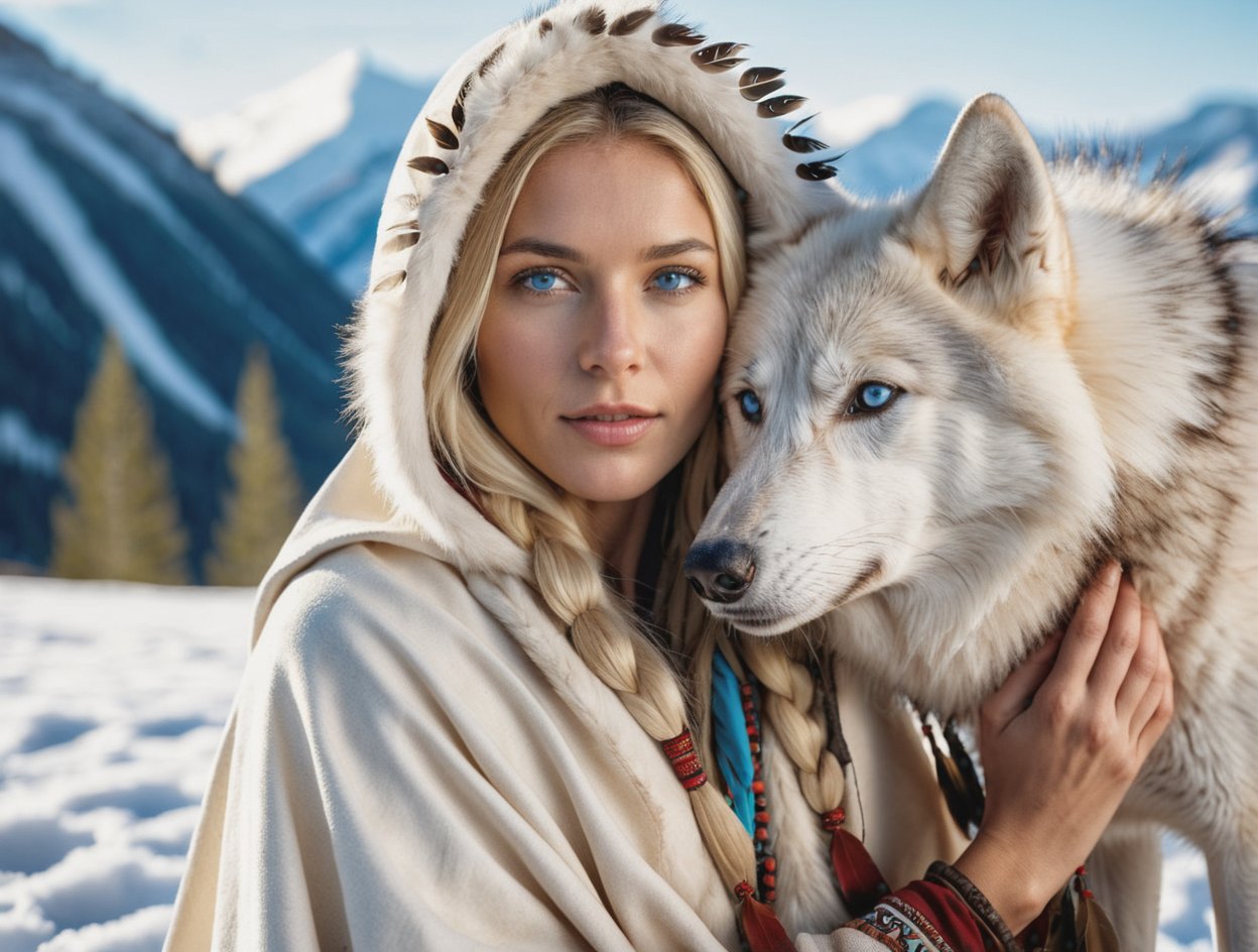 RAW photo, a beautiful cherokee blonde girl in traditional clothes with hood on, with traditional feathers holding a cute white wolf pup, very sharp, cinematic lights, (close up), macro, masterpiece, in snowy montains,  light snow, deep of field, amazing natural lighting, intricate design, 32k, ultra hd, realistic, highly detailed,  best quality, cinematic lighting, photorealistic, hyperrealistic, high definition, extremely detailed, insane details (finely detailed beautiful blue eyes and detailed face), (brilliant composition), (muted highlights),more detail XL