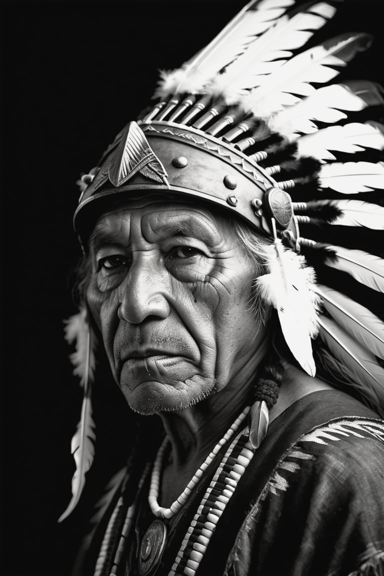 Photorealistic, (Rembrandt style), (dramatic shadows), (grayscale) portrait of a native american old man, face, bold black outlines, extreme detailed clothes and accesories, war helmet with eagle feathers, dark shot, monochromatic, haunting, defeated, highly detailed, Indigenous, ethnic, native american, backlighting, traditional patterns, extreme background, bold, looking away,high contrast, (muted highlights), (extreme detailed eyes and face), highly detailed, 8k, insane details, (brilliant composition)