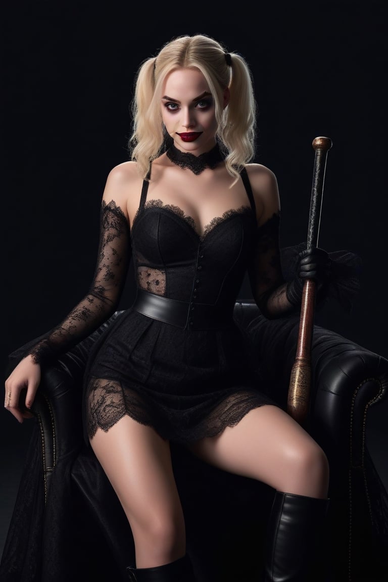 1girl, RAW photo, (full body) Margot Robbie, symbiote, (((Harley Quinn))), (full body), (legs apart:1.3), (shot from distance), (Rembrandt style), (with a baseball bat on the shoulder), (sitting on a black armchair), (((wearing a black lace wedding dress and boots))), tiny firm body, aroused, exposed, slim body, ironically smile,  (black background), (high contrast), (dramatic shadows), (finely detailed beautiful eyes and detailed face), (high quality), (ultra detail), (high resolution), (masterpiece), (complex and beautiful), (hyperrealism, 8k, extremely_detailed), (exquisitely beautiful),<lora:659095807385103906:1.0>