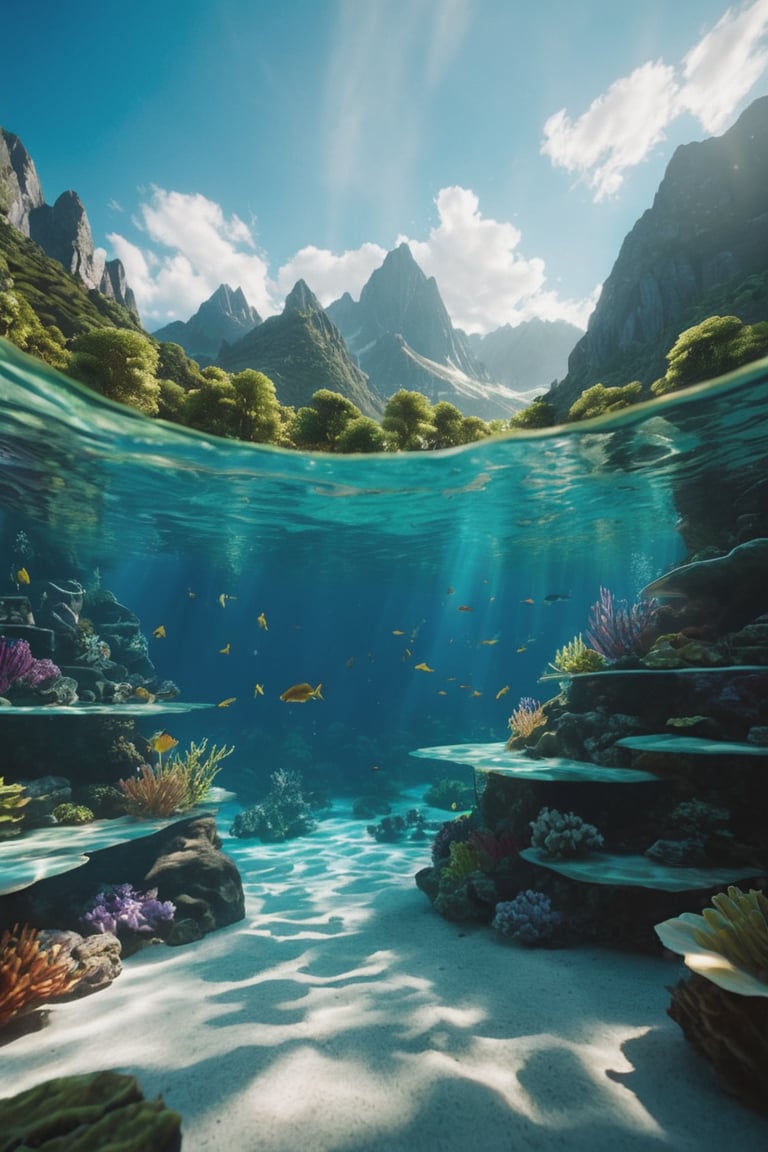 In a stunning masterpiece, breathtaking beauty unfolds. Half above water and half below, the scene is divided by crystal-clear waters that seem to glow with an otherworldly light. The lush greenery and mountains provide a picturesque backdrop as bright sunlight casts a warm glow on the serene aquatic world. Volumetric cinematic lights dance across the surface, creating high contrast and vibrant colors that leap off the screen. Insane details of fish swimming in the clear underwater reveal a depth that's almost palpable. The beautiful sky above is filled with puffy clouds, adding to the sense of serenity. Every aspect of this 12k hyperrealistic marvel is a masterclass in composition, lighting, and sheer visual magnificence.