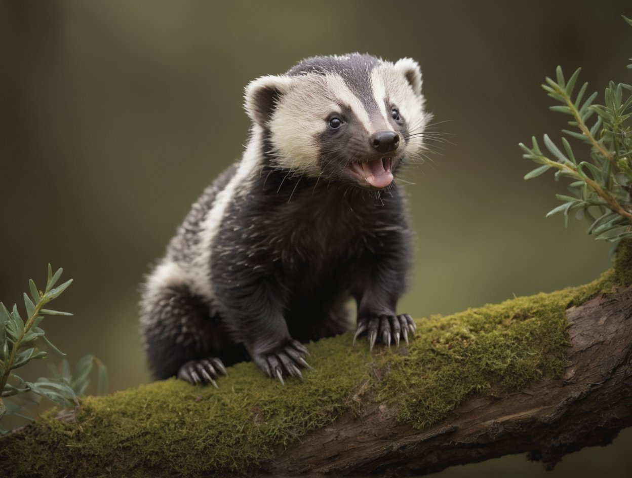 Capture a hyperrealistic full body, of the most adorable baby honey-badger imaginable, perched precariously on a tclearing next to a  (branch covered in musk). Frame the shot from a low angle, emphasizing the ibaby honey-badge's cuteness and tiny features. Lighting is crucial - aim for a dark, moody atmosphere with intense shadows and high contrast, utilizing 12K resolution to accentuate every detail. The composition should be simple yet striking, focusing attention on the snake's curious expression. 